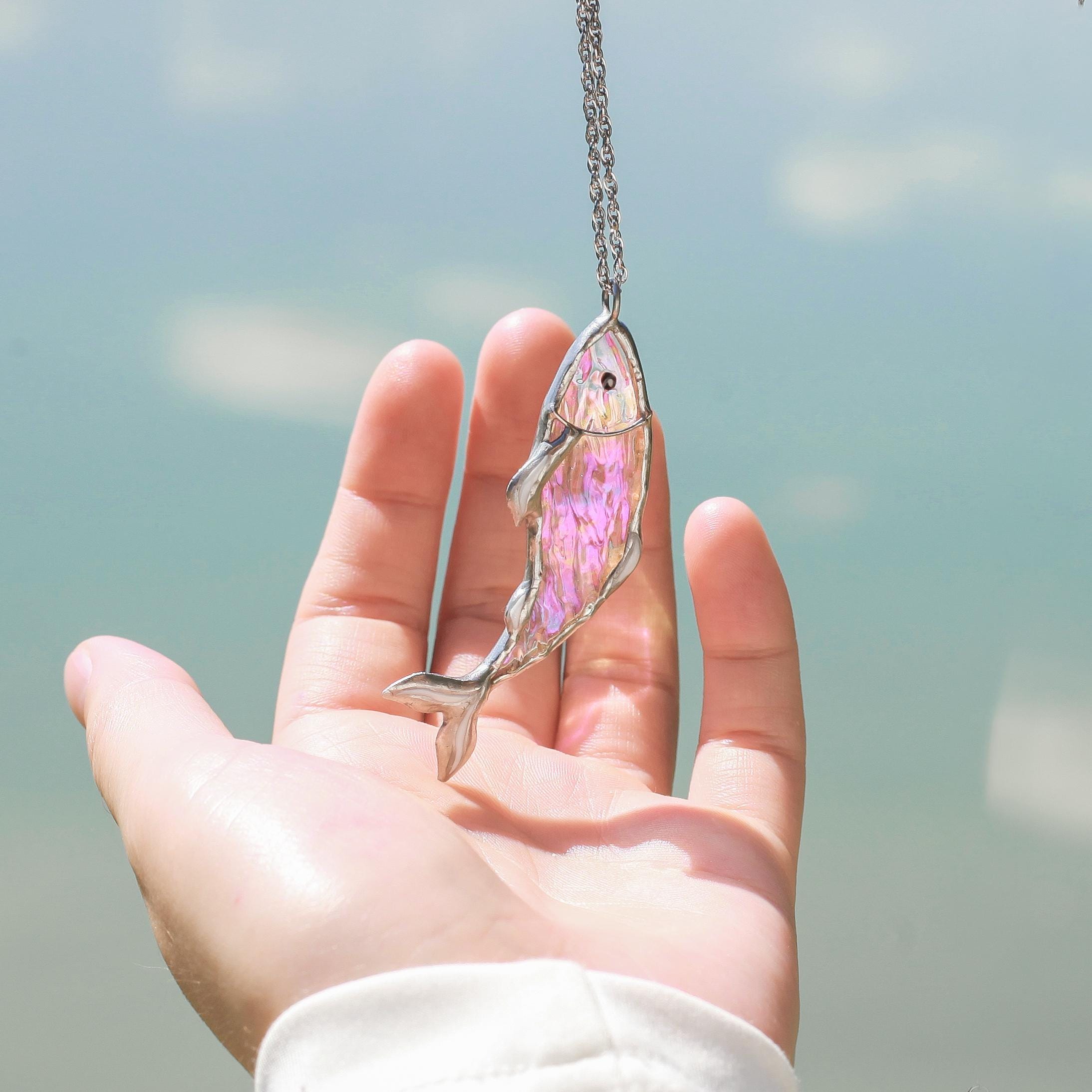 Stained glass fish Custom stained glass necklace Gifts for sister Fish pendant Modern stained glass fish jewelry