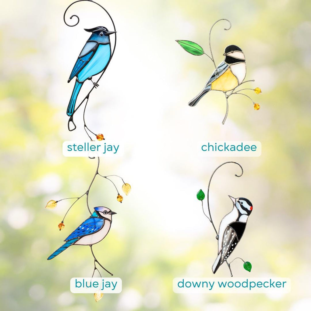 Steller jay stained glass bird suncatcher Mothers day gifts Custom stained glass window hangings Handmade product Fairy garden accessories