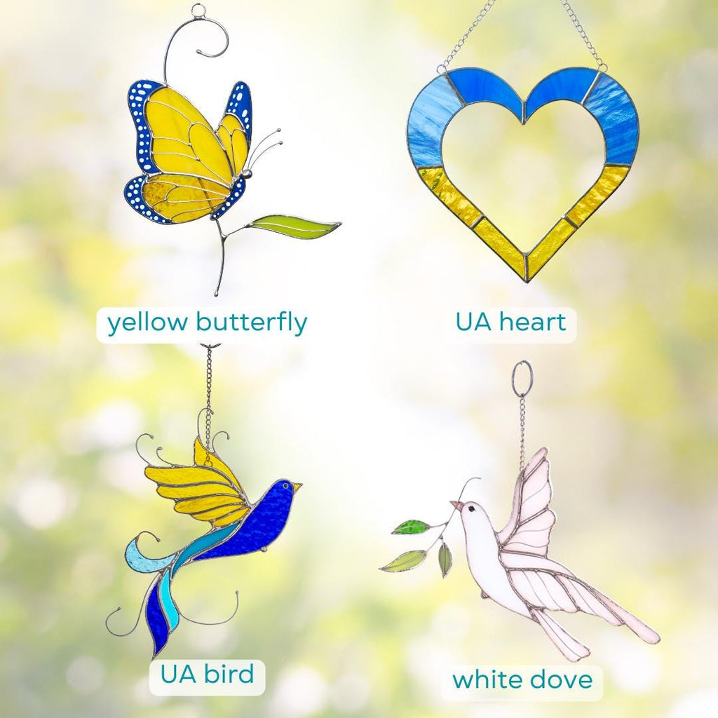 Ukraine stained glass bird suncatcher Ukrainian gifts Bird stained glass window hangings Glass bird ornaments Ukrainian flag