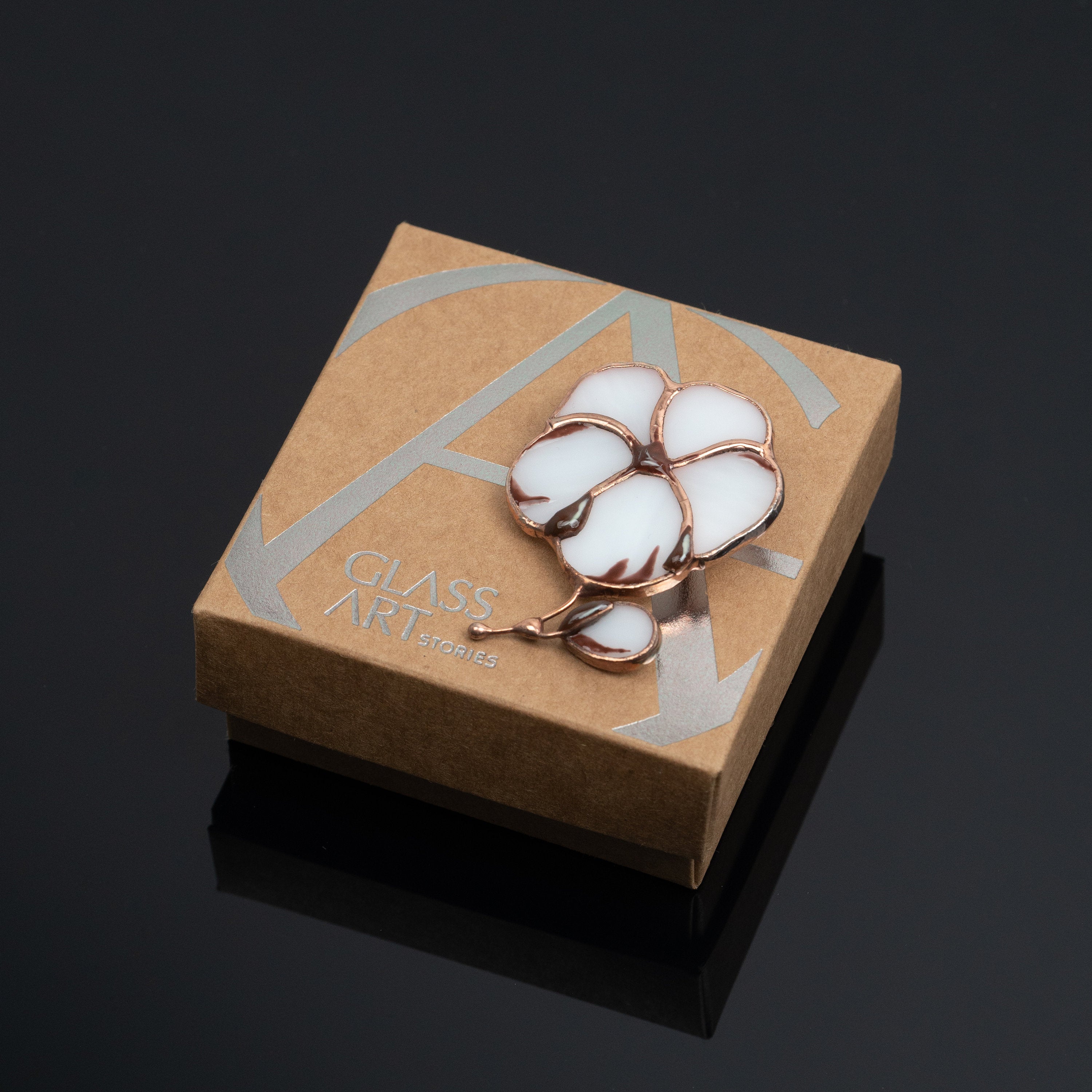 Stained glass white flower brooch Handmade nature inspired jewelry gift for mom