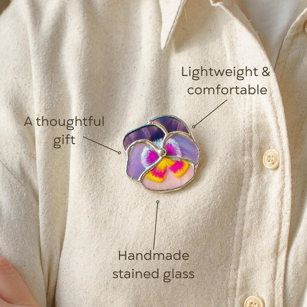 Pansy stained glass brooch Viola flower Cottagecore jewelry gift for her