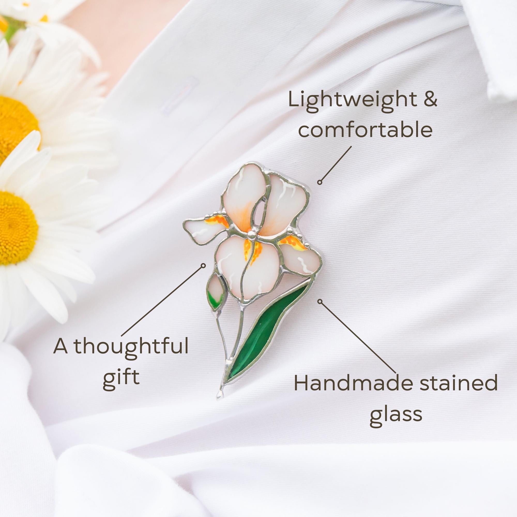 Iris stained glass brooch Godmother gift White floral jewelry