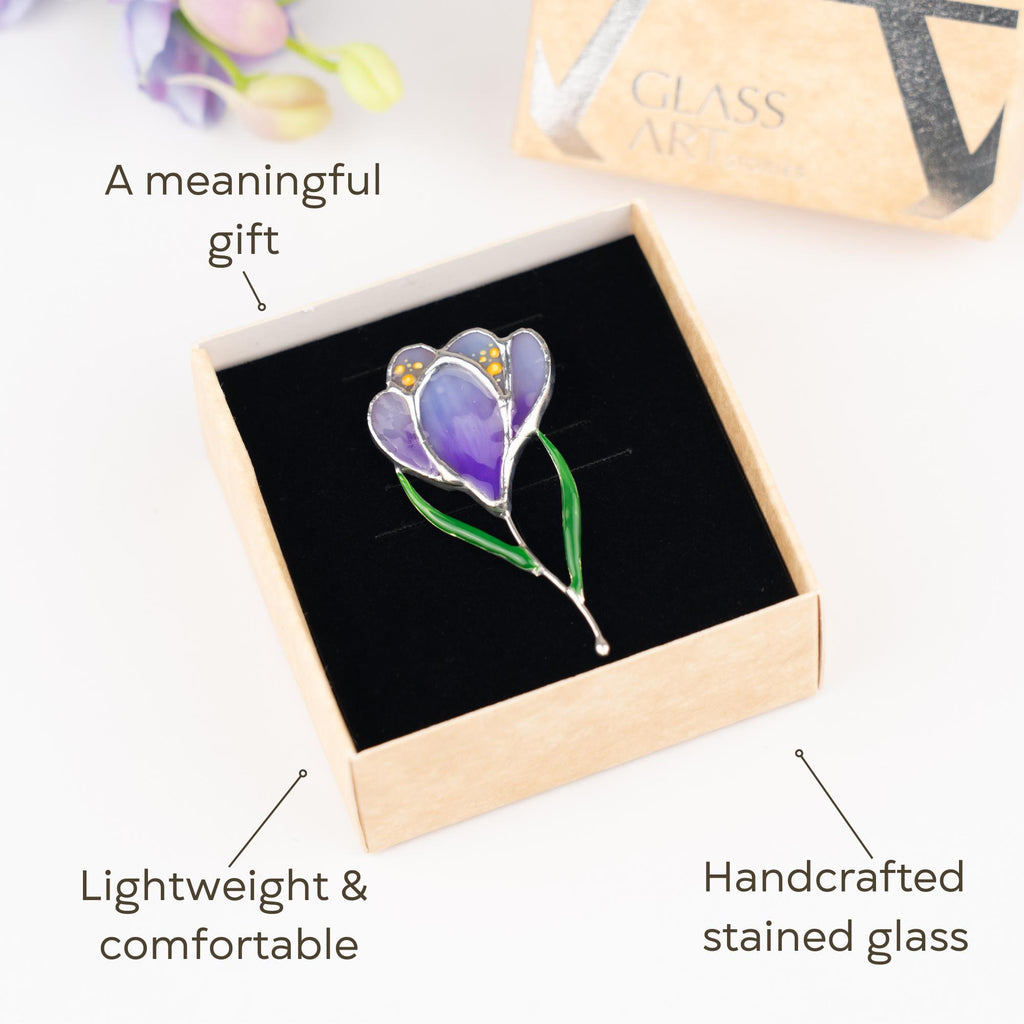 Saffron stained glass jewelry Mother in law gift Crocus stained glass flower brooch