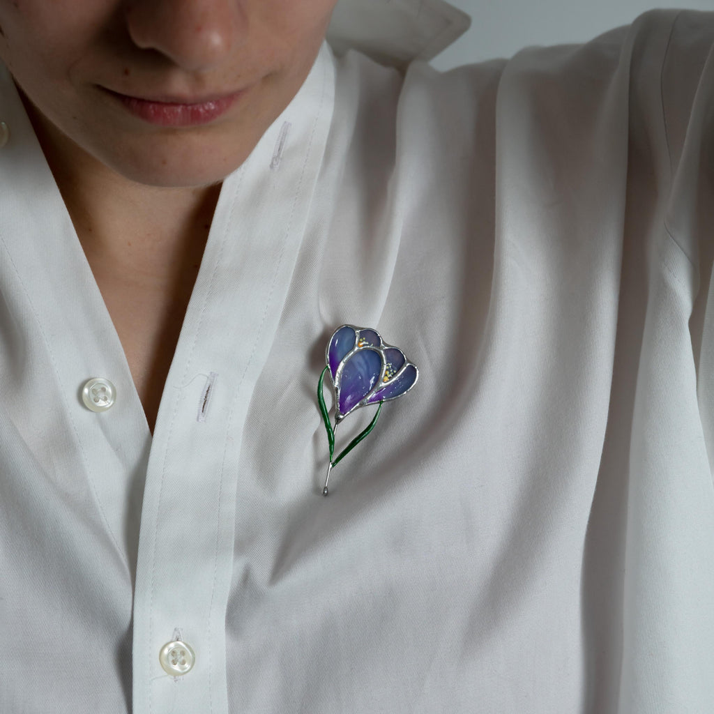 Saffron stained glass jewelry Mother in law gift Crocus stained glass flower brooch