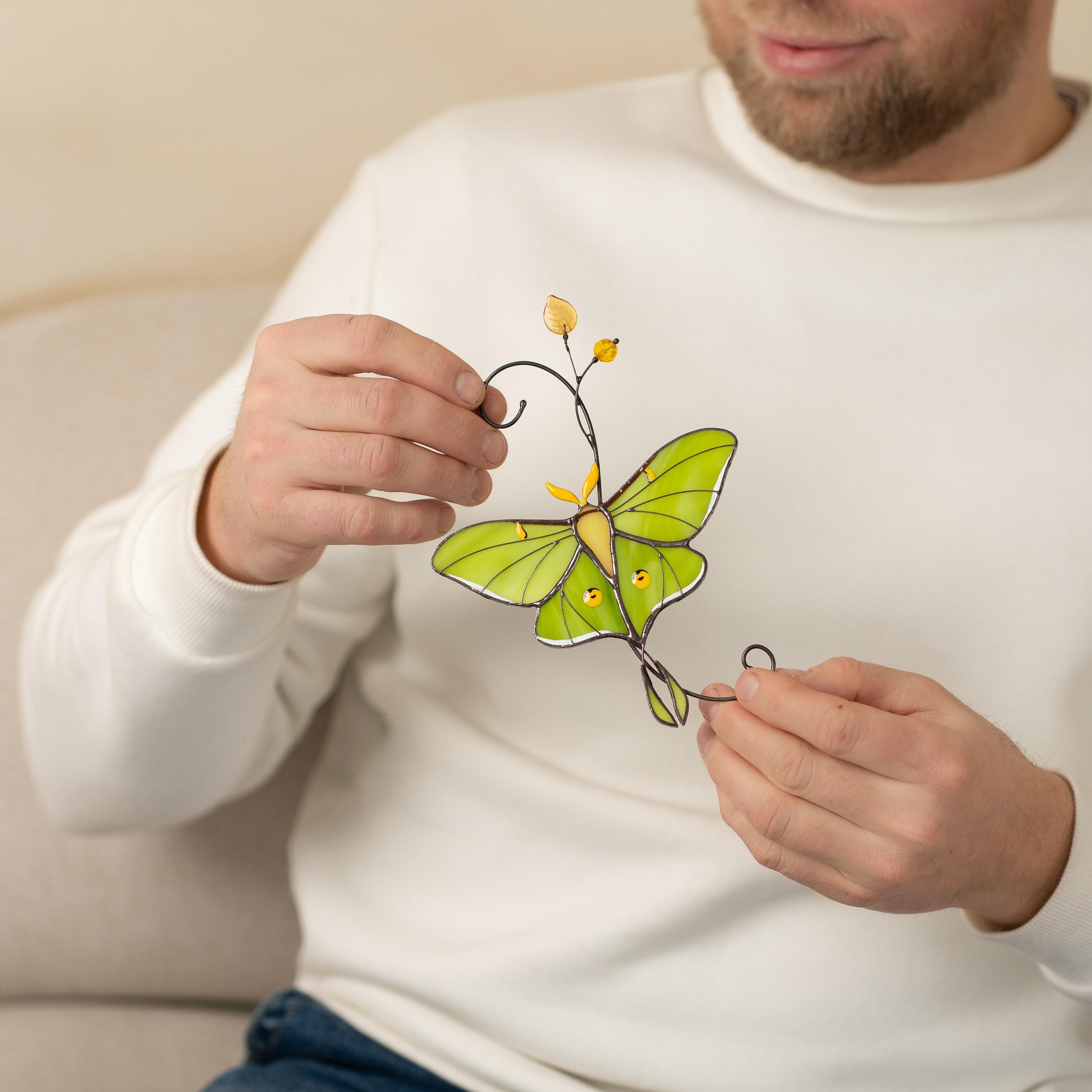 Luna moth stained glass butterfly suncatcher Unique gift for mom Balcony decor