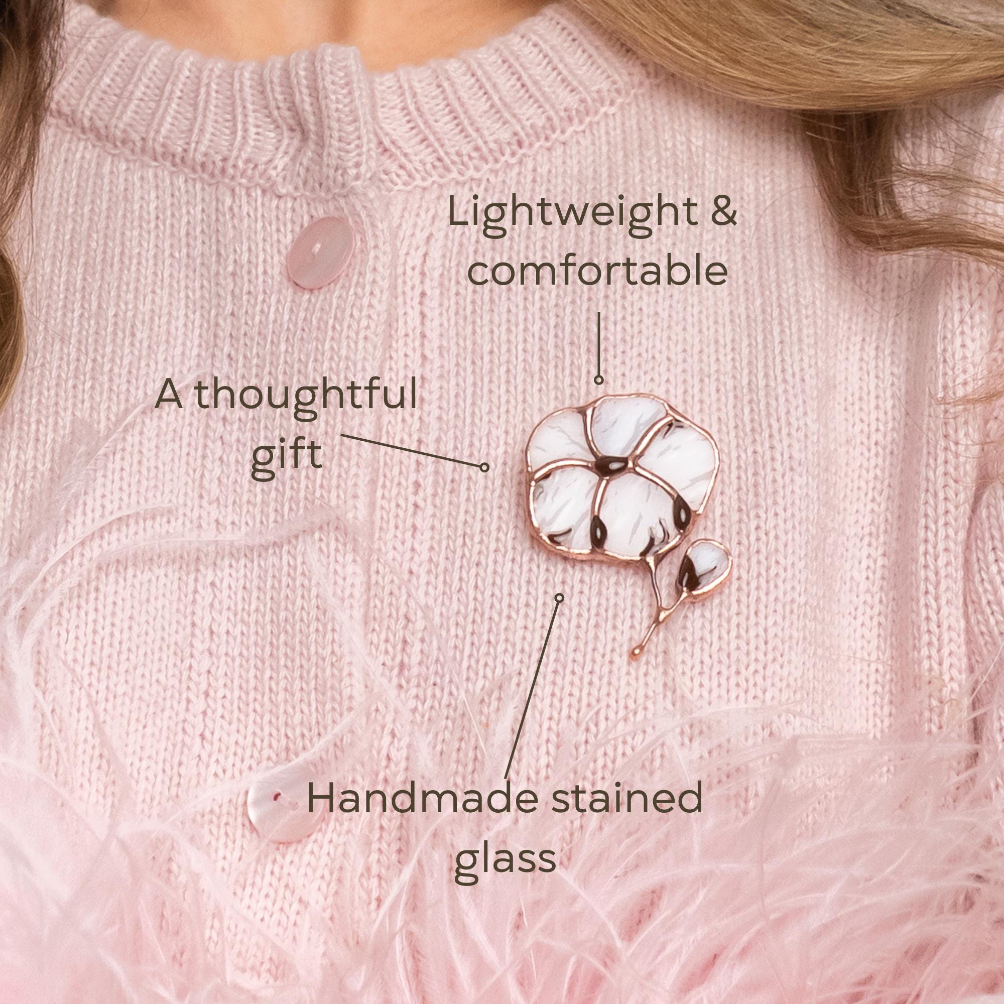 Stained glass white flower brooch Handmade nature inspired jewelry gift for mom