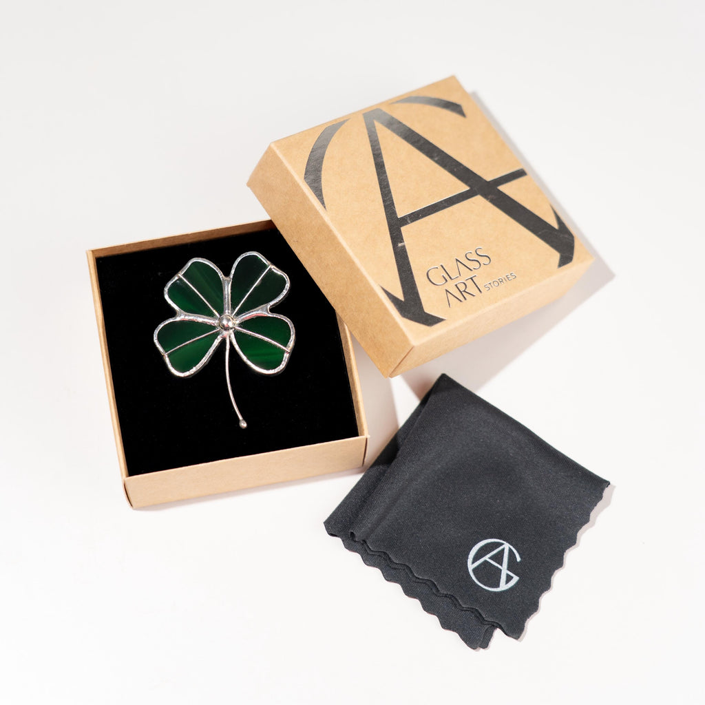 Four leaf clover stained glass brooch St Patricks Day Irish jewelry