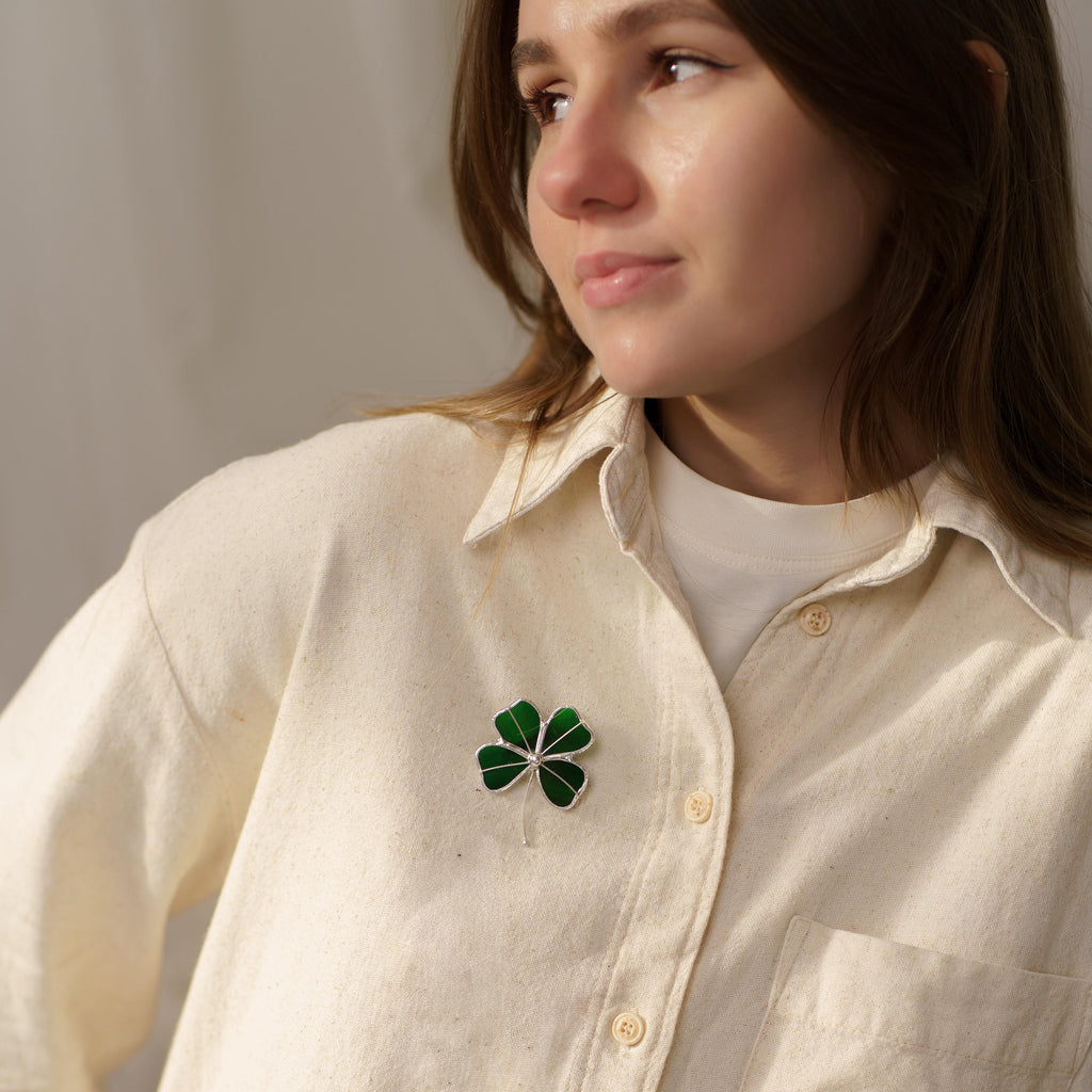 Four leaf clover stained glass brooch St Patricks Day Irish jewelry