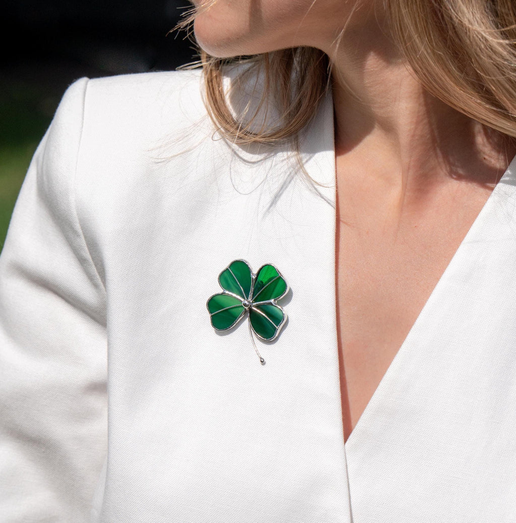 Four leaf clover stained glass brooch St Patricks Day Irish jewelry