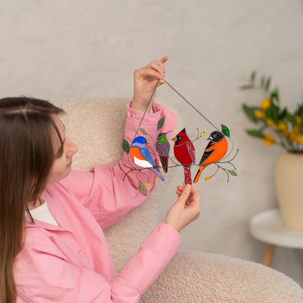 Stained glass birds glass suncatcher Unique gift for mom Spring decor window hangings