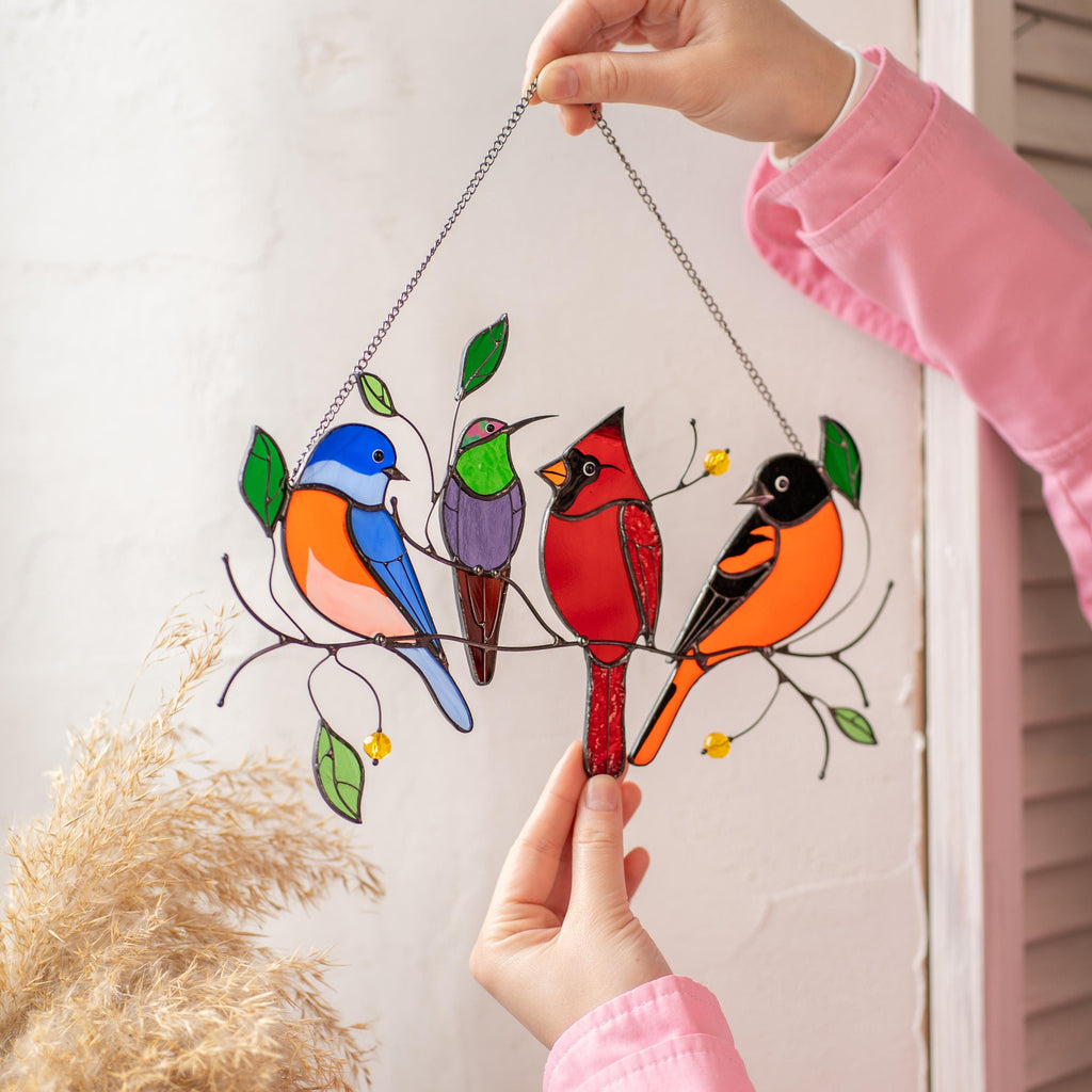 Stained glass birds glass suncatcher Unique gift for mom Spring decor window hangings