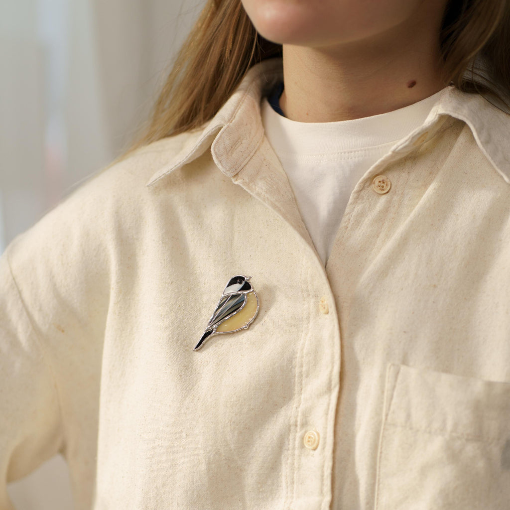 Stained glass bird brooch Unique gift for mom Chickadee bird jewelry
