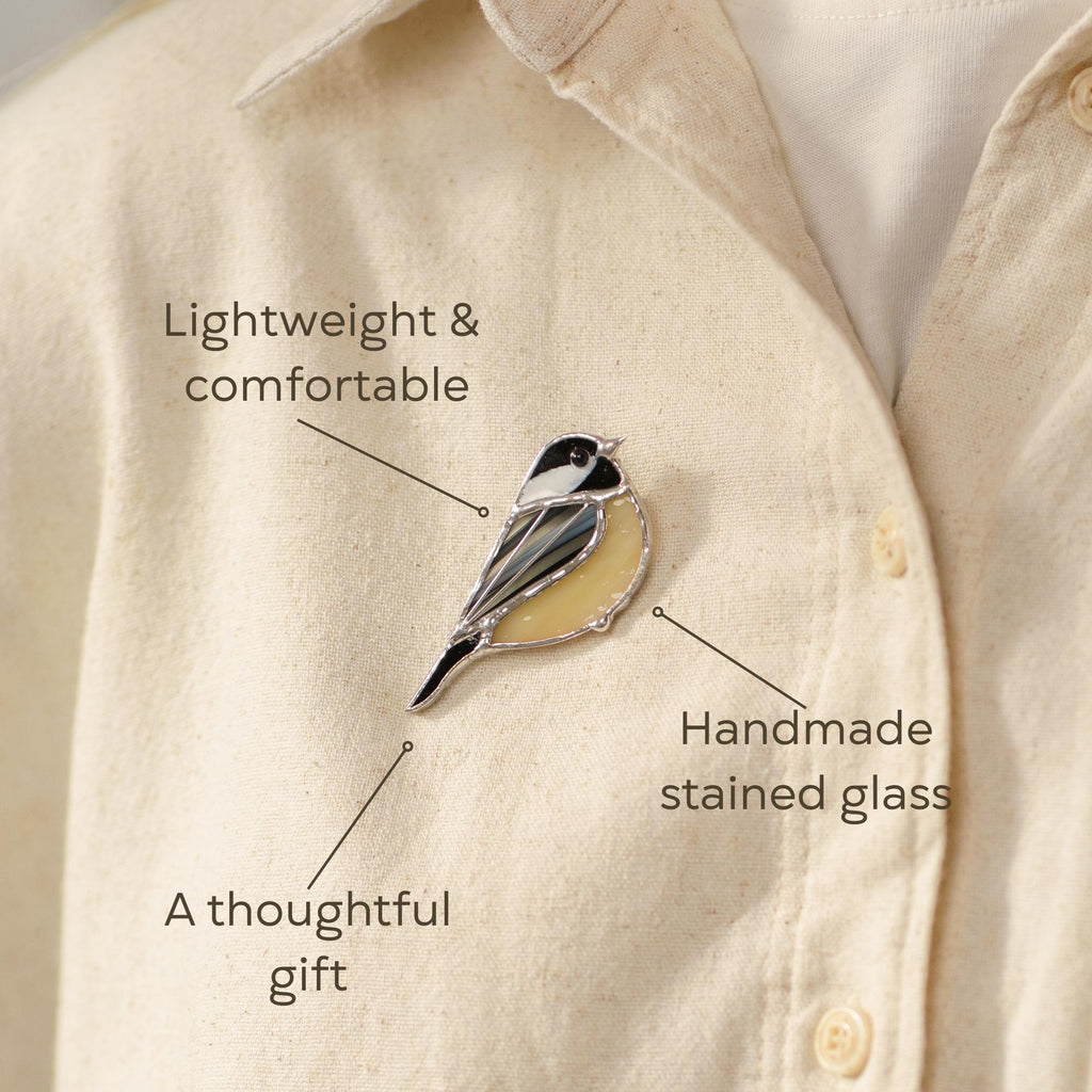 Stained glass bird brooch Unique gift for mom Chickadee bird jewelry