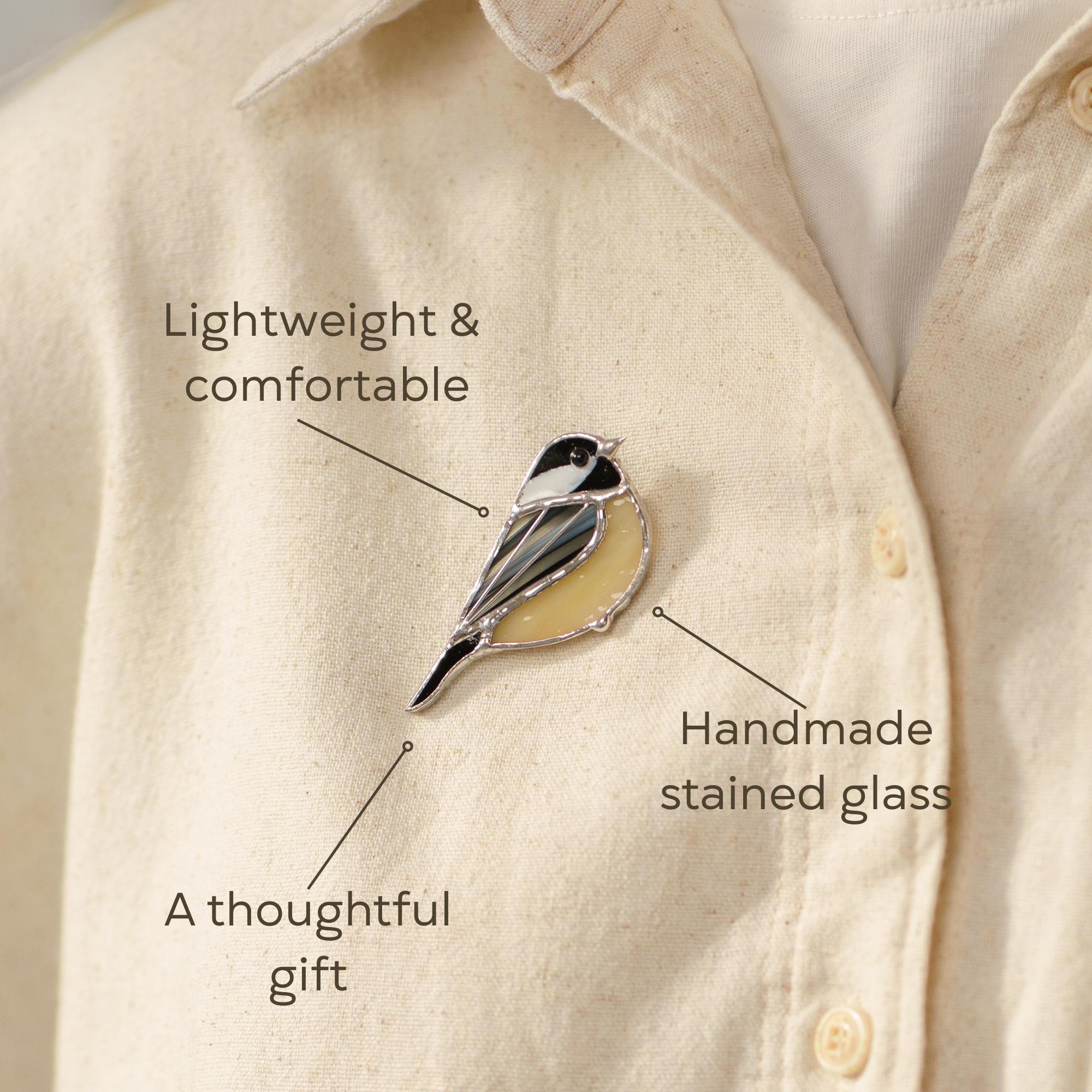Stained glass bird brooch Unique gift for mom Chickadee bird jewelry