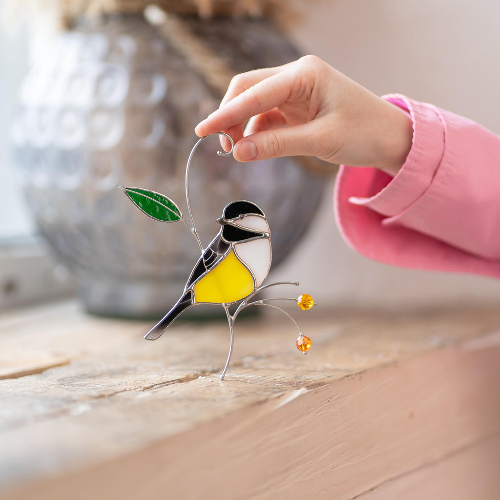 Chickadee stained glass bird suncatcher Unique gifts for him window hangings Spring decor