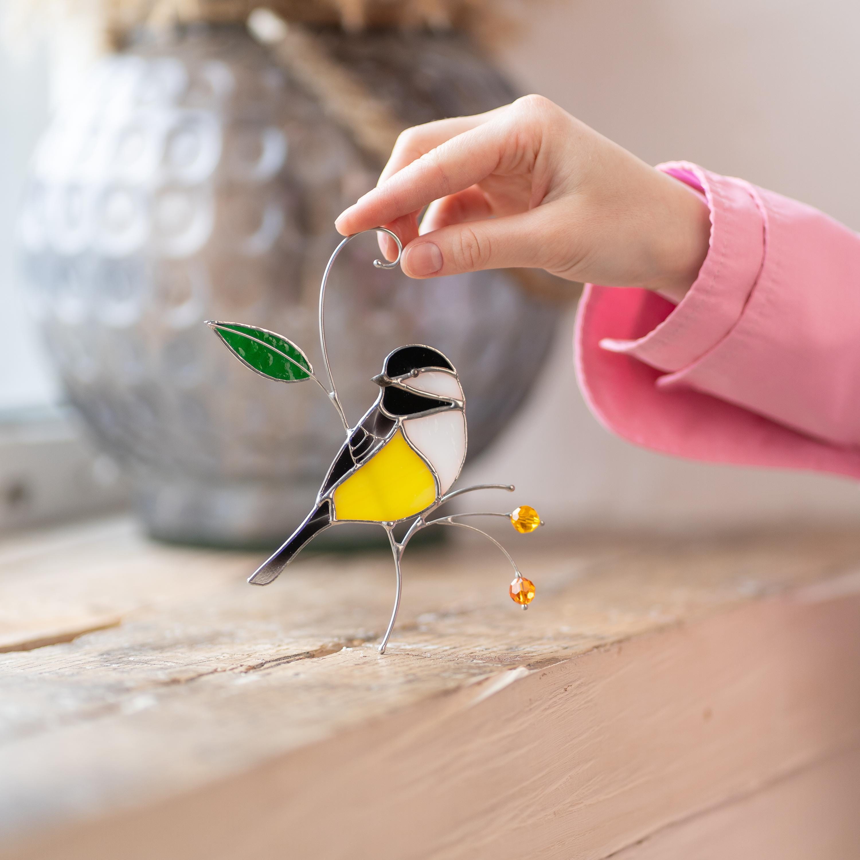 Chickadee stained glass bird suncatcher Unique gifts for him window hangings Spring decor