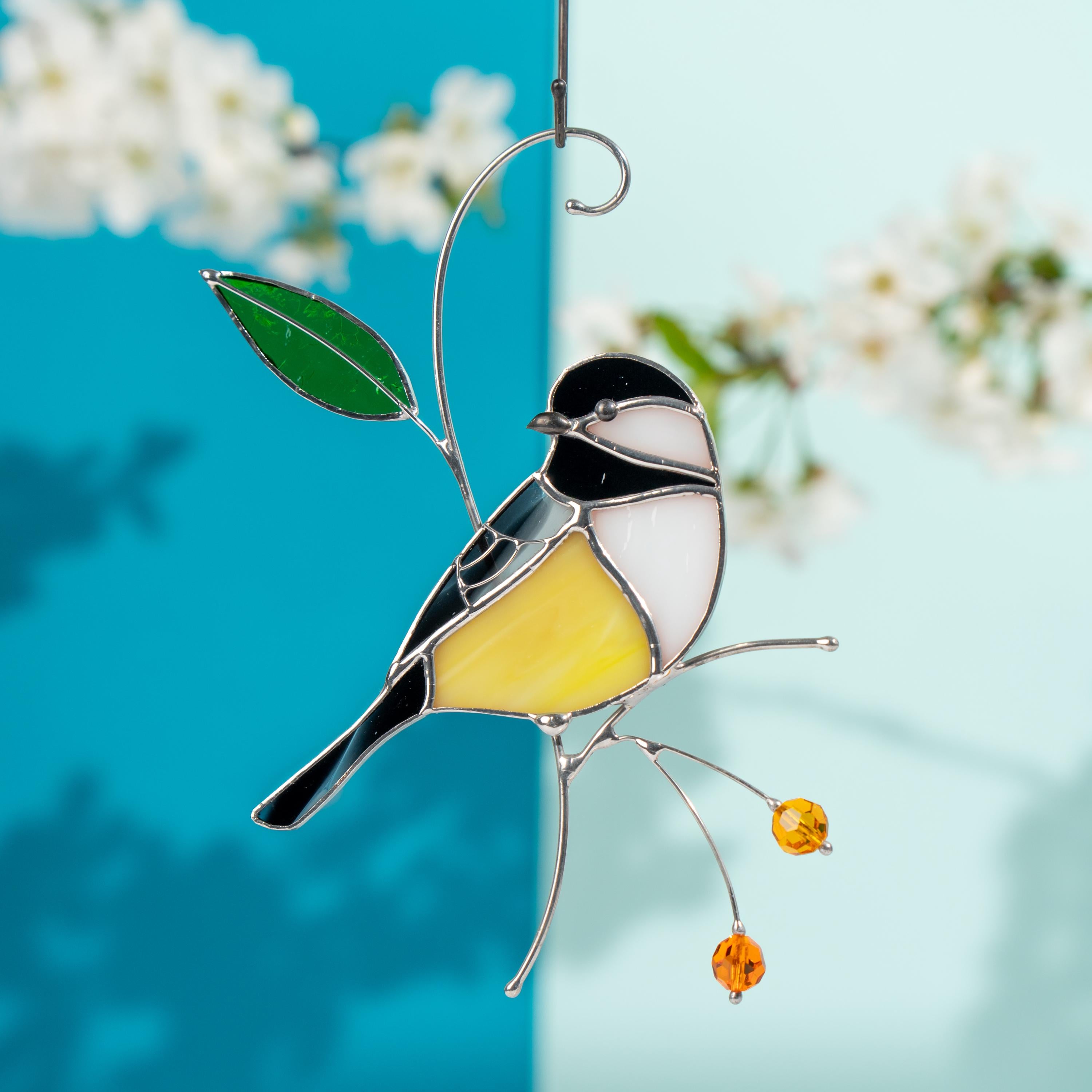 Chickadee stained glass bird suncatcher Unique gifts for him window hangings Spring decor