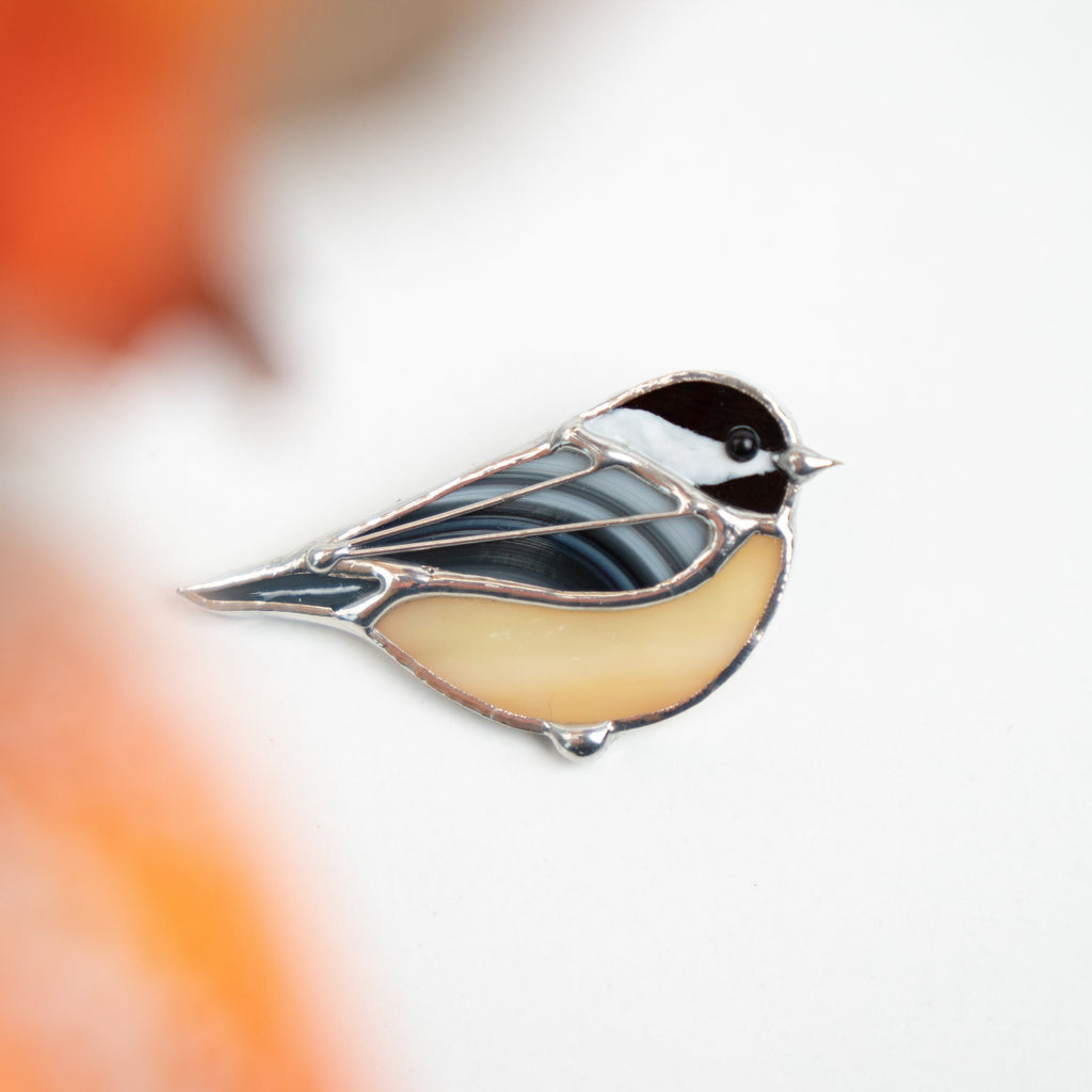 Stained glass bird brooch Unique gift for mom Chickadee bird jewelry
