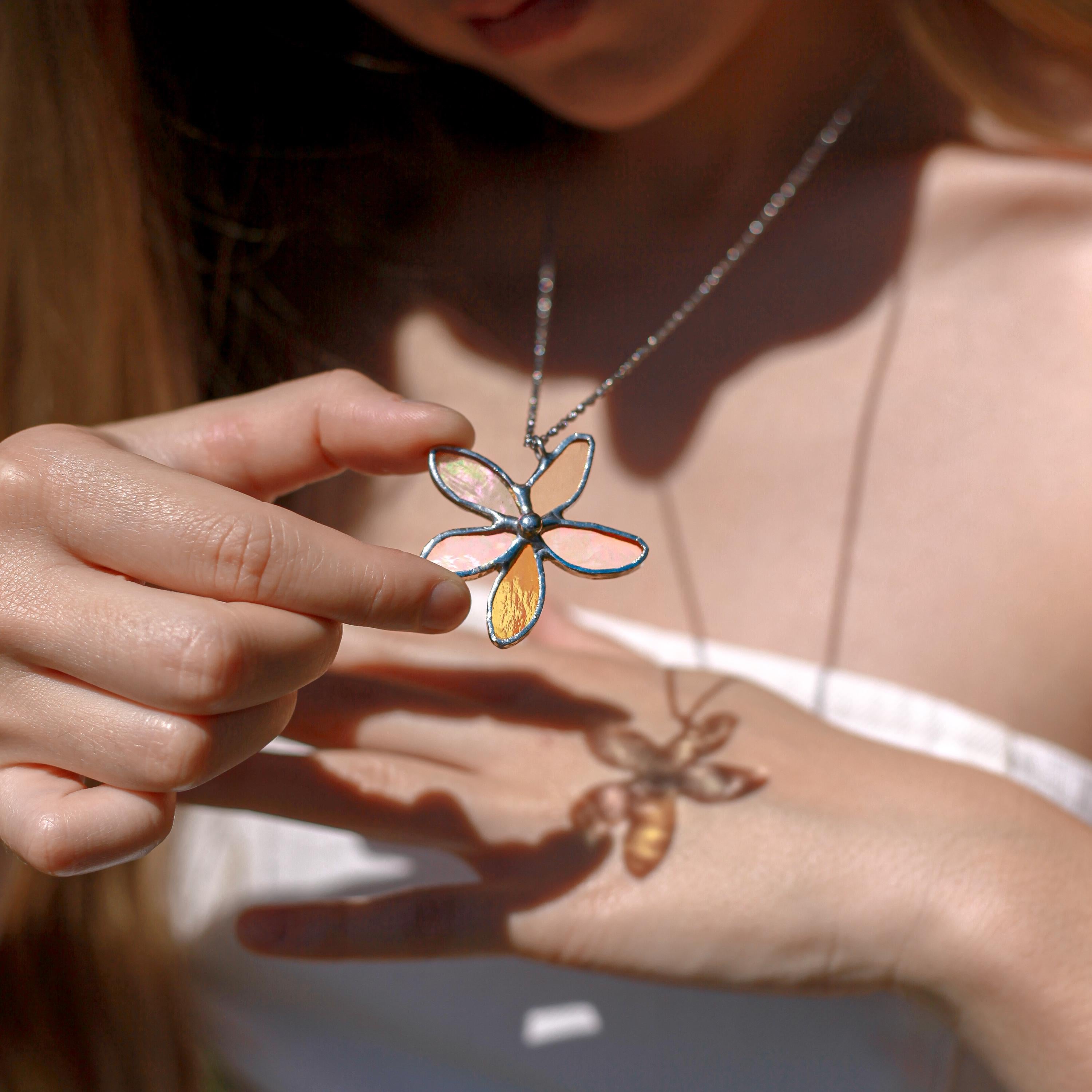 Stained glass flower necklace Godmother gift Nature inspired jewelry