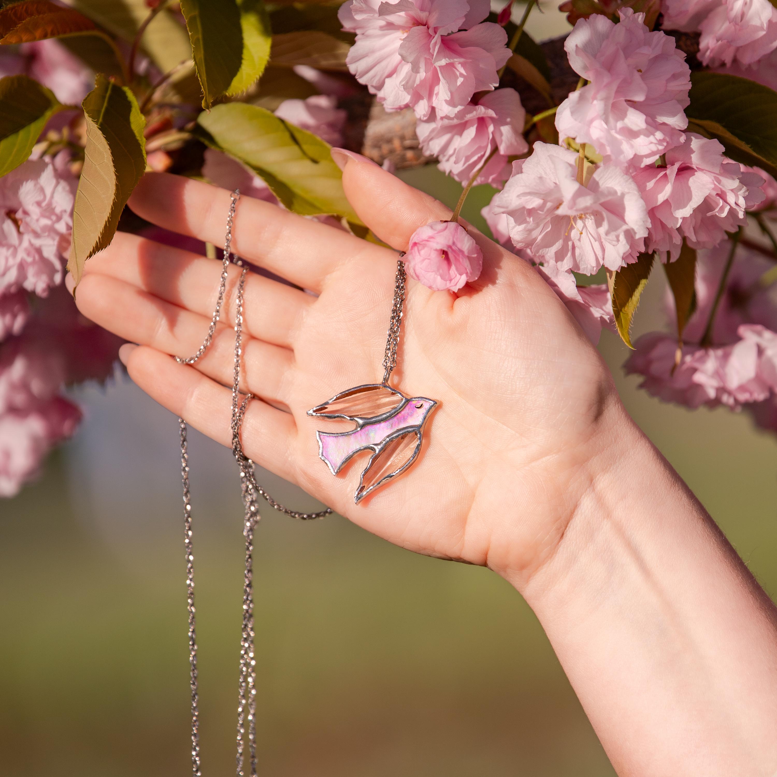 Stained glass bird necklace Unique gift for mom Bird jewelry