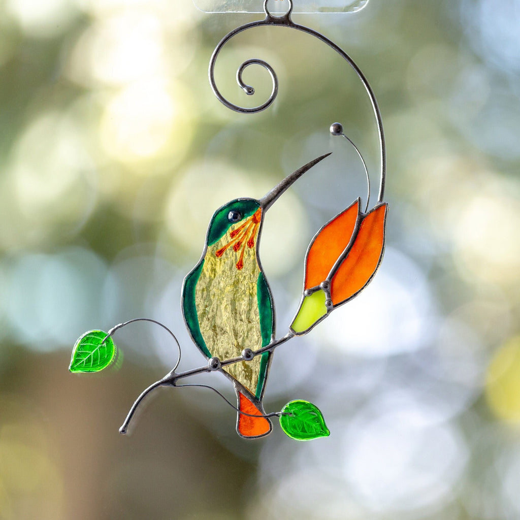Stained glass bird suncatcher House warming gifts new home Gift for dad Hummingbird stained glass window hangings Fairy garden accessories