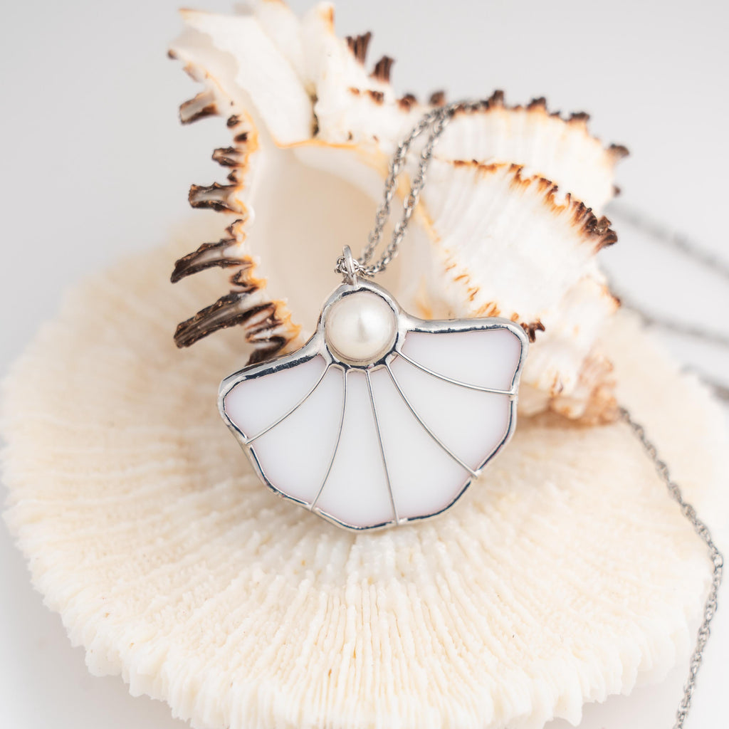 Stained glass pearl necklace Mothers Day gift Shell jewelry