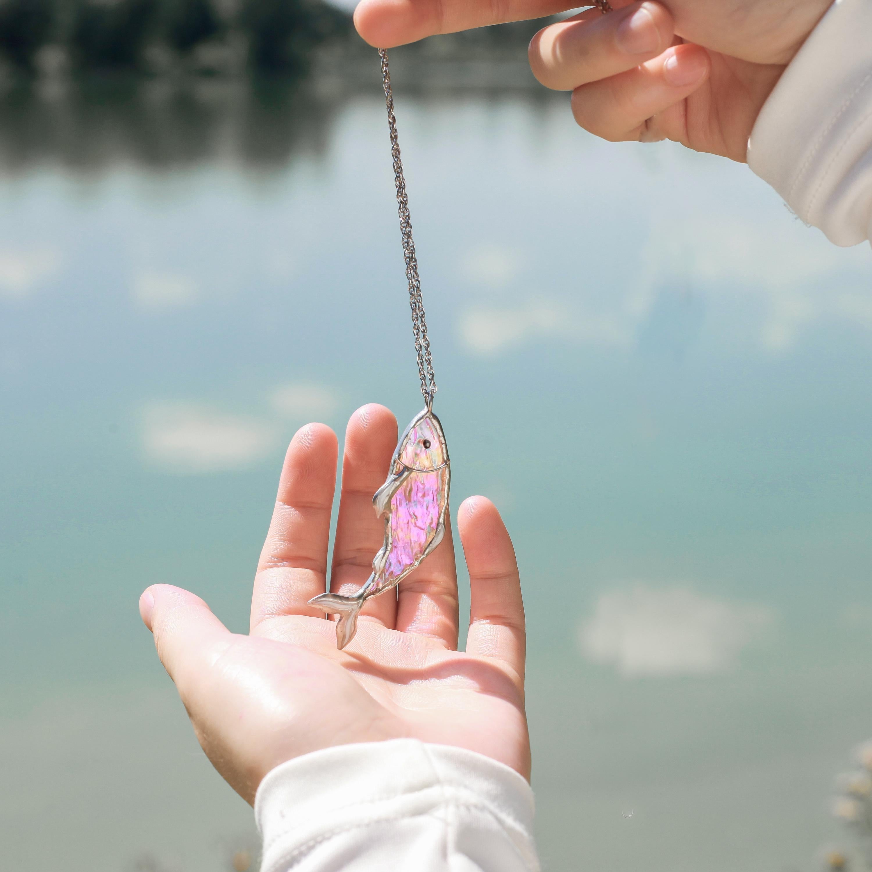 Stained glass fish Custom stained glass necklace Gifts for sister Fish pendant Modern stained glass fish jewelry