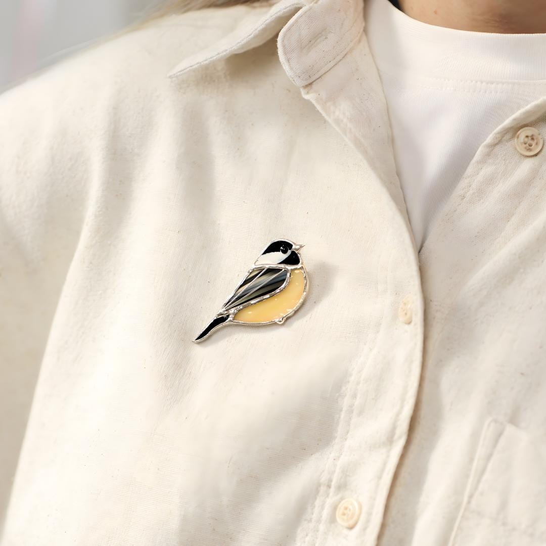Stained glass bird brooch Unique gift for mom Chickadee bird jewelry