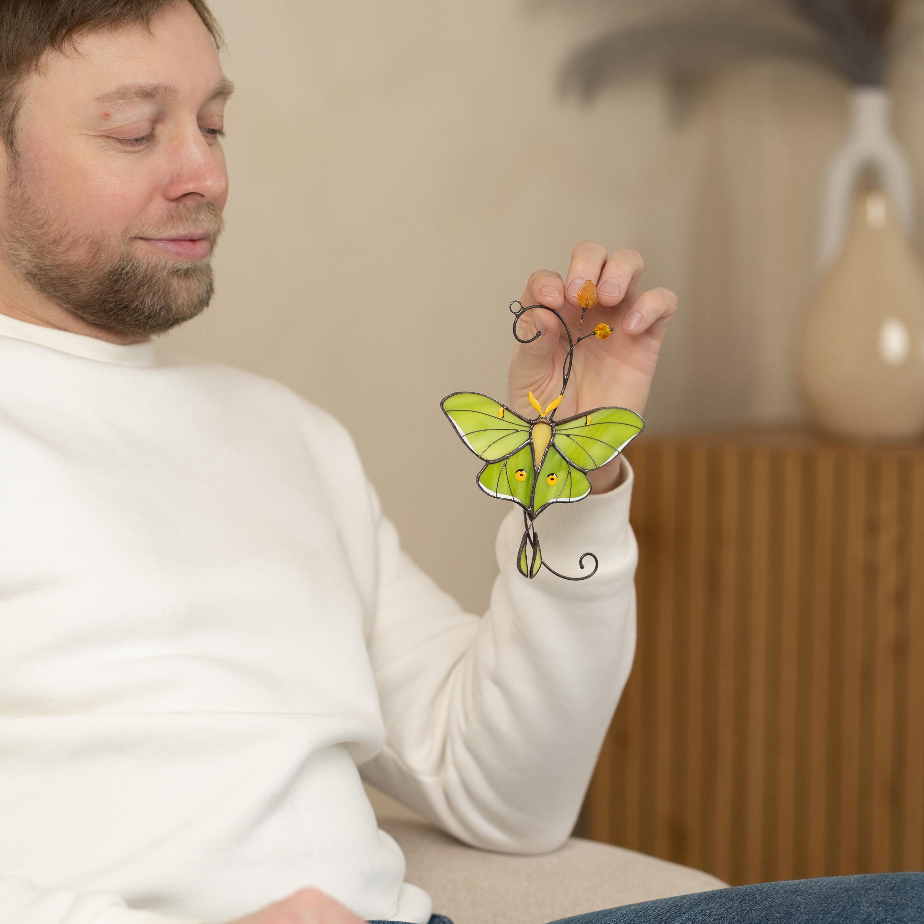 Luna moth stained glass butterfly suncatcher Unique gift for mom Balcony decor