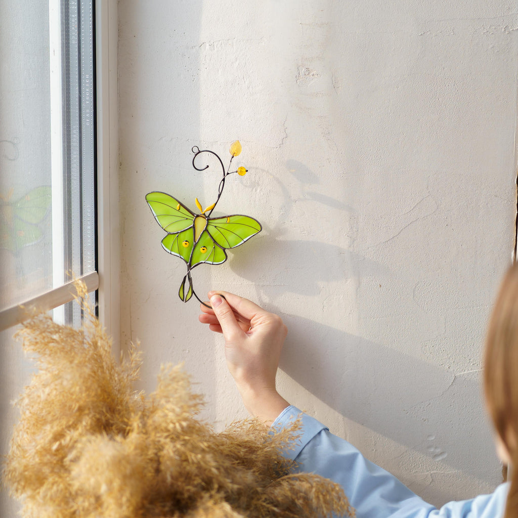 Luna moth stained glass butterfly suncatcher Unique gift for mom Balcony decor