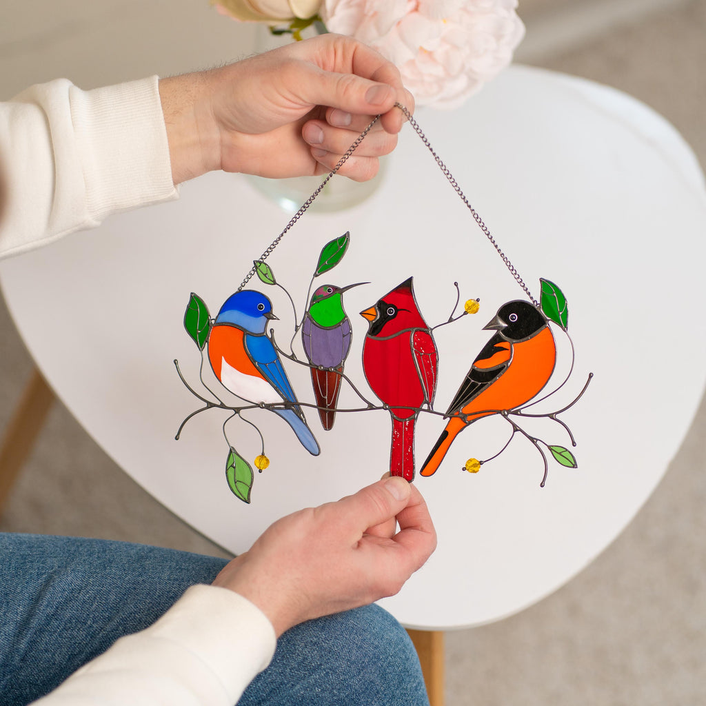 Stained glass birds glass suncatcher Unique gift for mom Spring decor window hangings