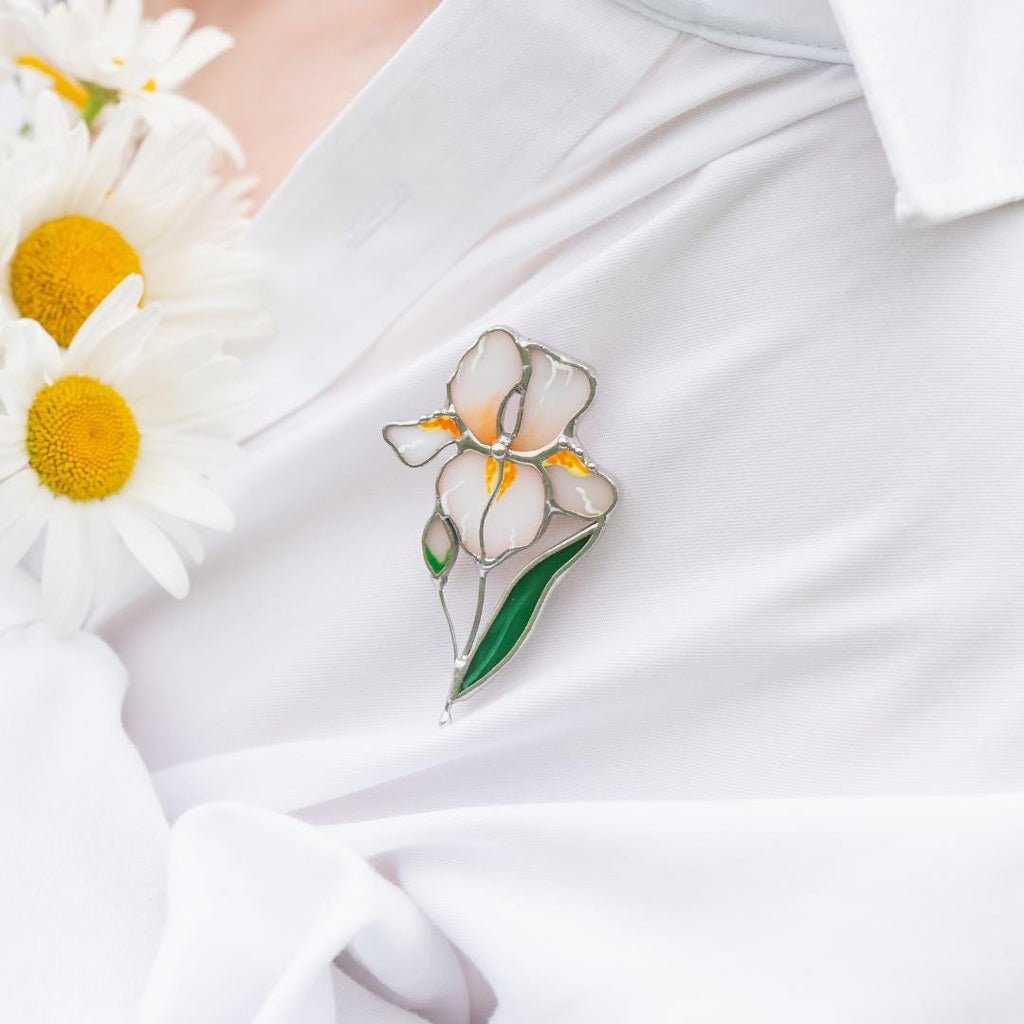 Iris stained glass brooch Godmother gift White floral jewelry