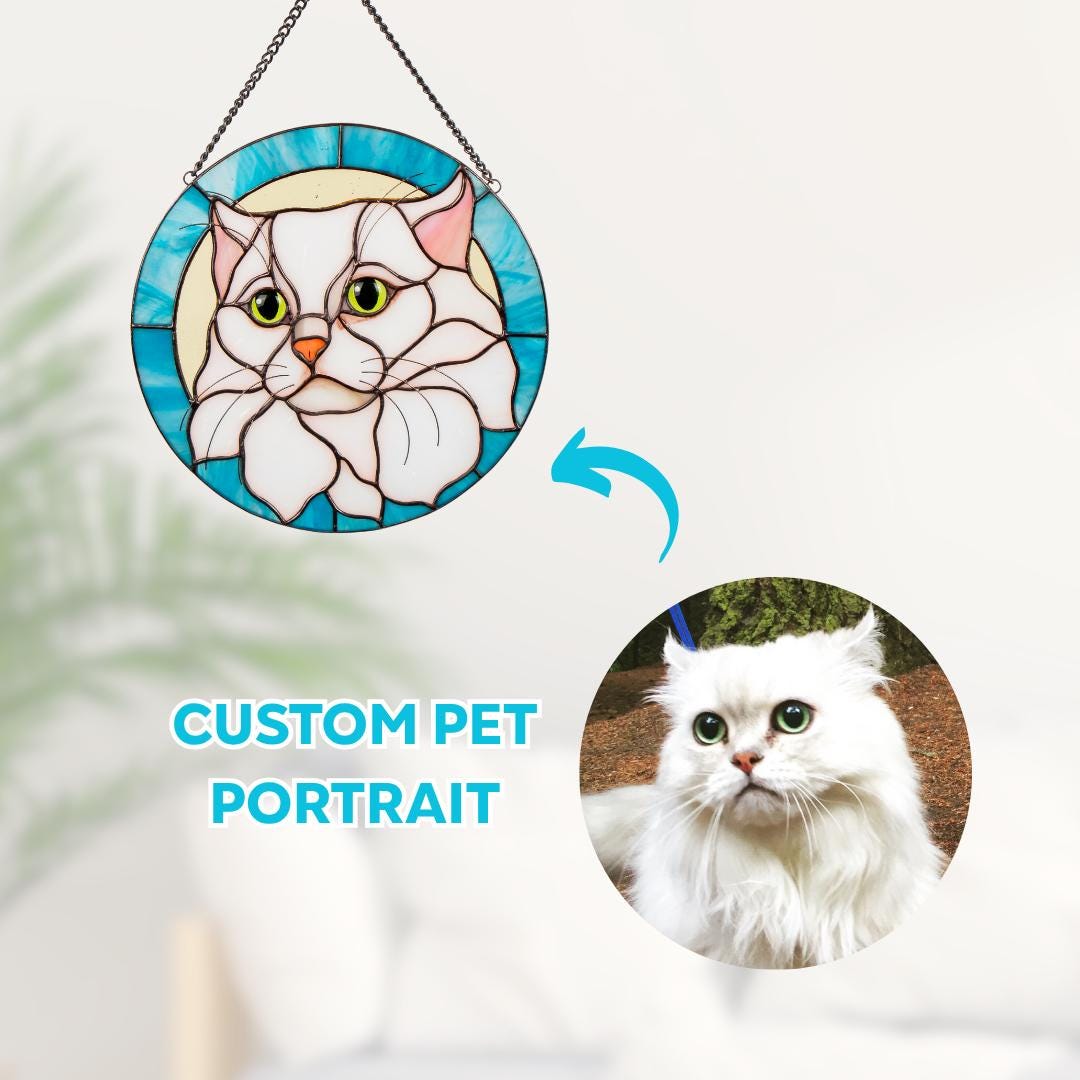 Cat memorial portrait from photo stained glass window hangings Mothers Day gifts Dog suncatcher Rainbow bridge
