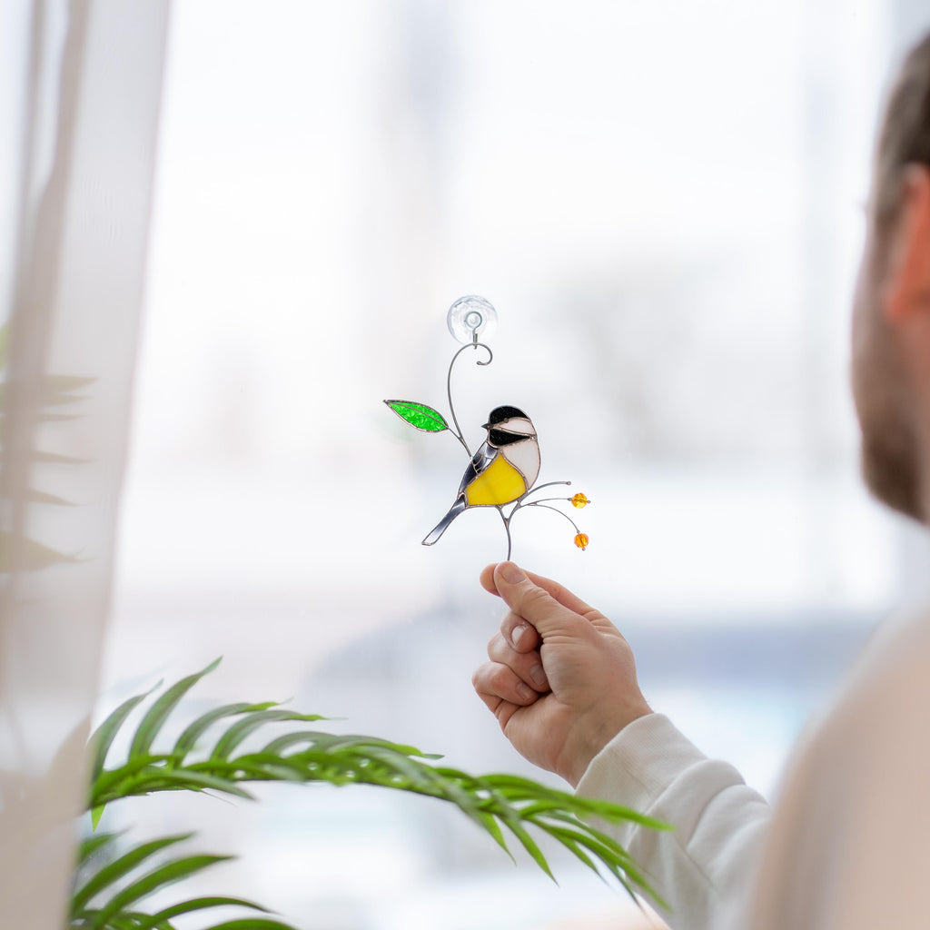 Chickadee stained glass bird suncatcher Unique gifts for him window hangings Spring decor