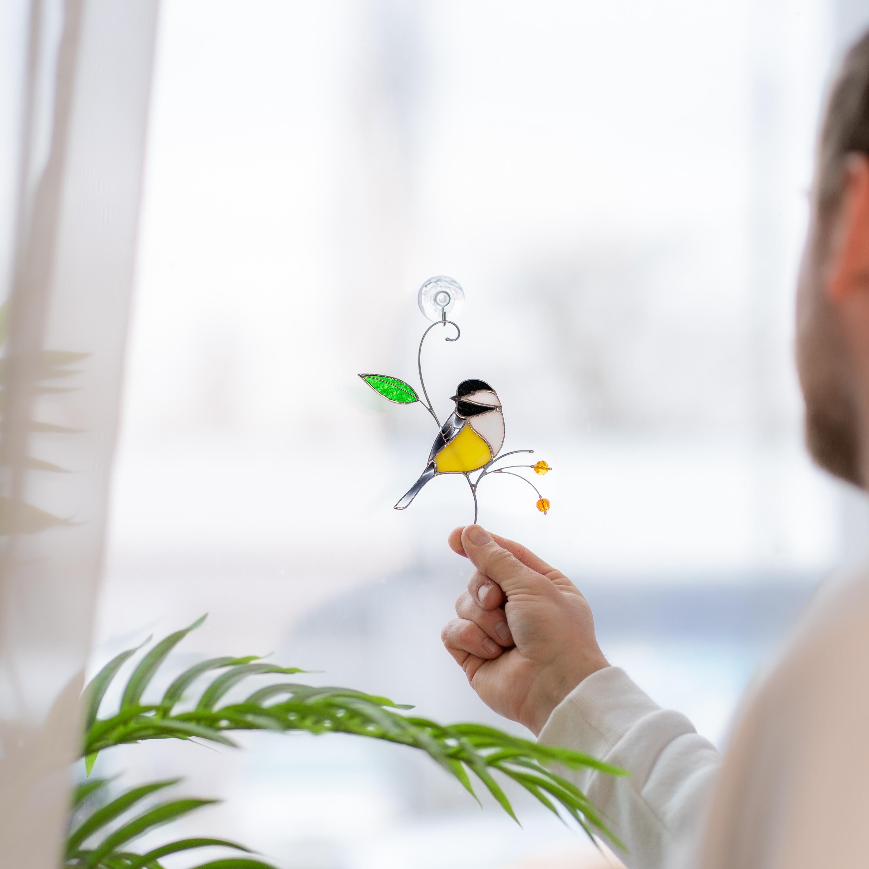 Chickadee stained glass bird suncatcher Unique gifts for him window hangings Spring decor