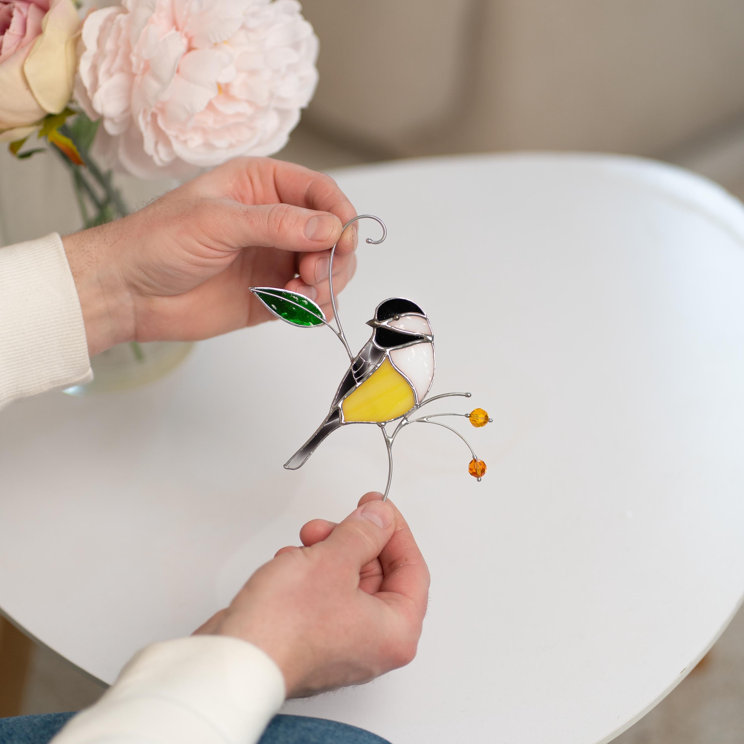 Chickadee stained glass bird suncatcher Unique gifts for him window hangings Spring decor