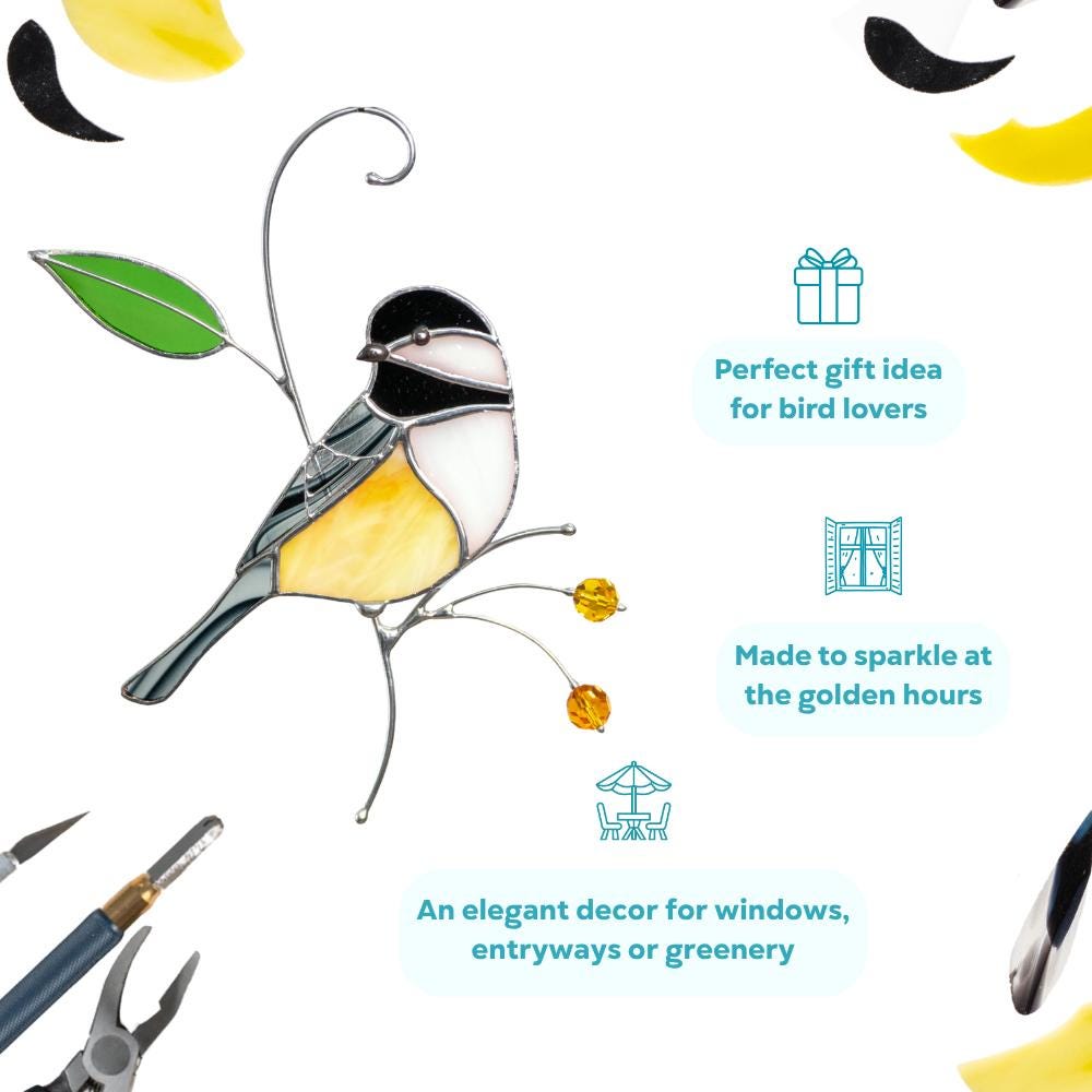 Chickadee stained glass bird suncatcher Unique gifts for him window hangings Spring decor