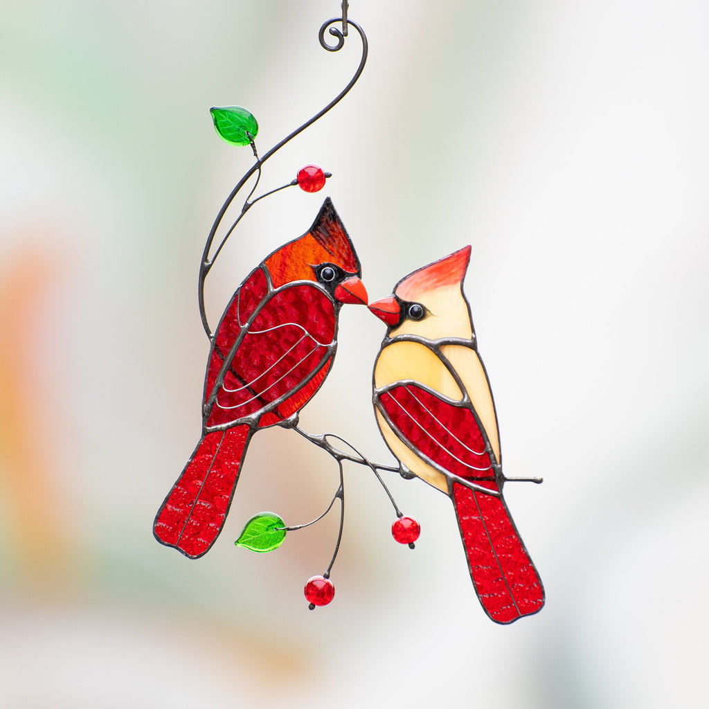 Cardinal stained glass window hangings Unique Gift For Mom Cardinal ornament Memorial suncatcher Unique garden gifts