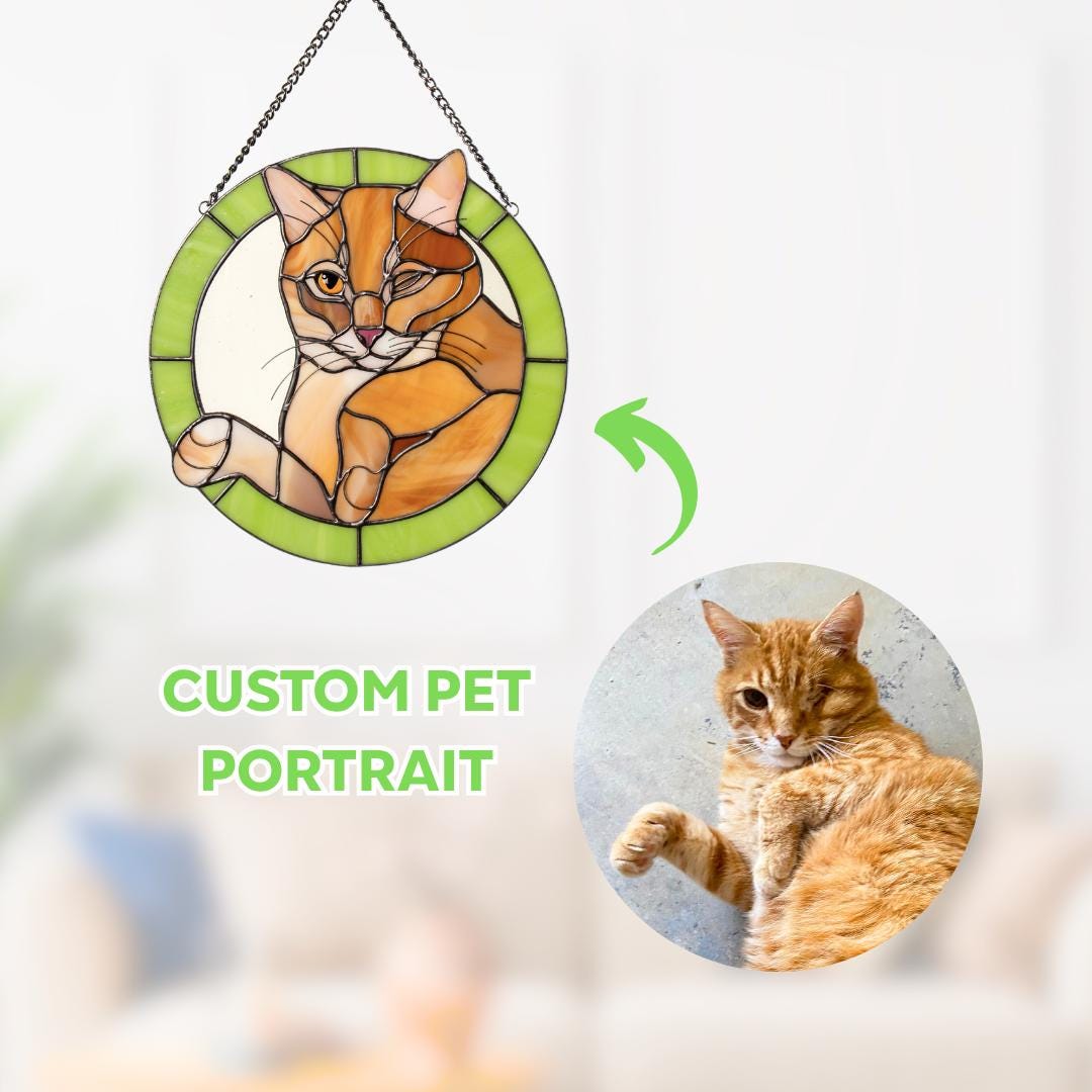Dog memorial stained glass window hangings Custom pet portrait from photo Cat loss gift