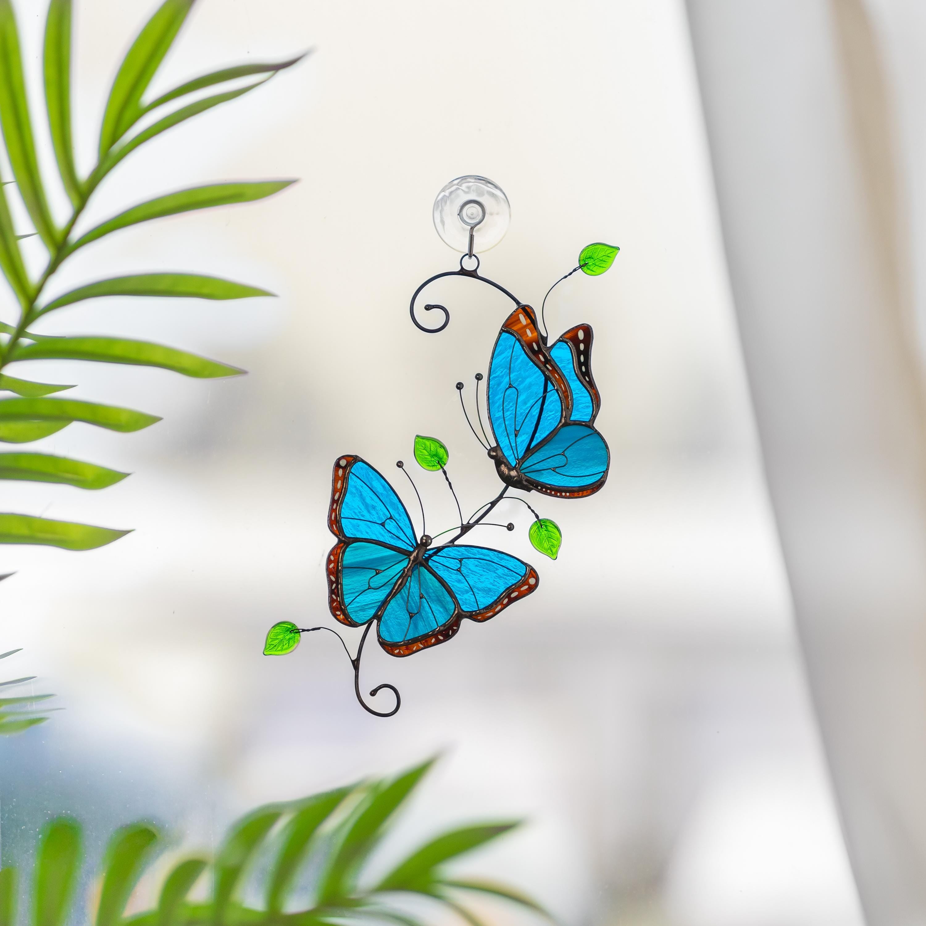 Blue Morpho butterfly stained glass window hangings Godmother gift Patio decor Yard art suncatcher