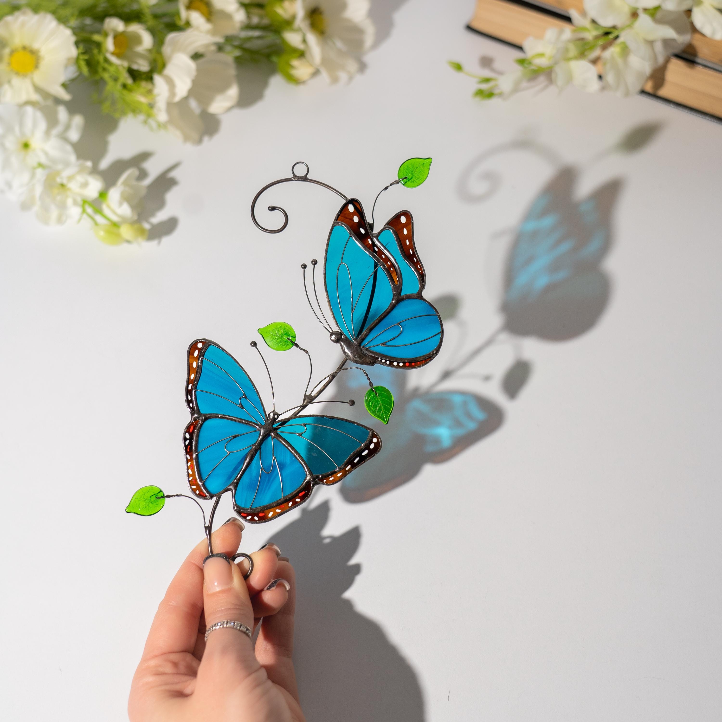 Blue Morpho butterfly stained glass window hangings Godmother gift Patio decor Yard art suncatcher