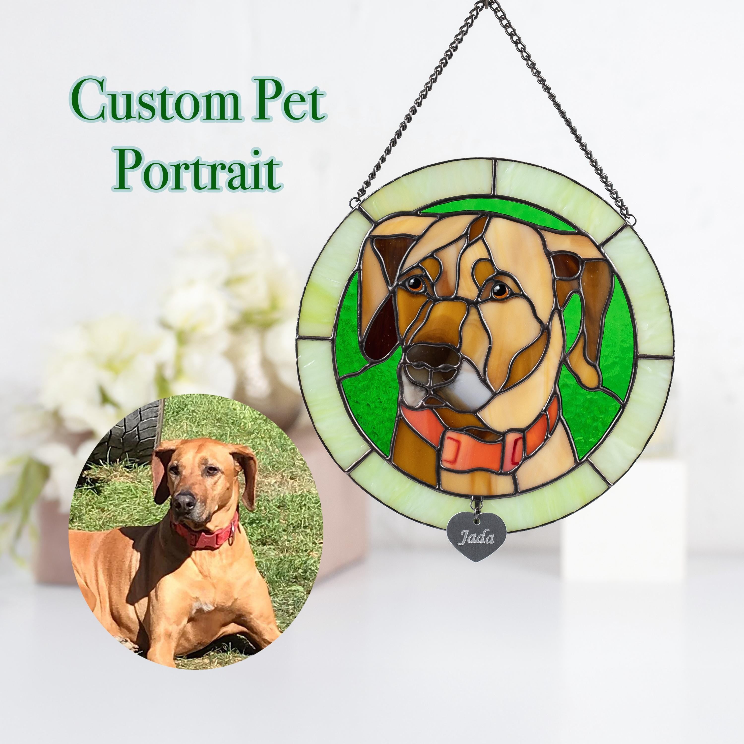 Pet portrait from photo stained glass window hangings Dog memorial sympathy gift