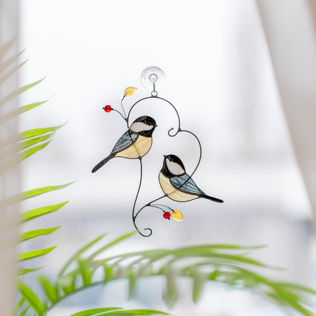 Couple of chickadees stained glass suncatcher Mothers Day gift ideas Bird wall art