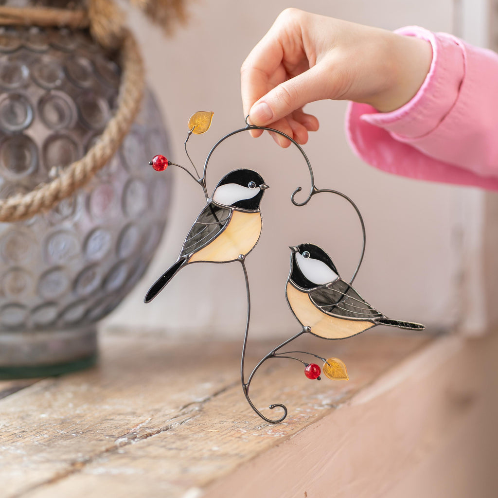Couple of chickadees stained glass suncatcher Mothers Day gift ideas Bird wall art