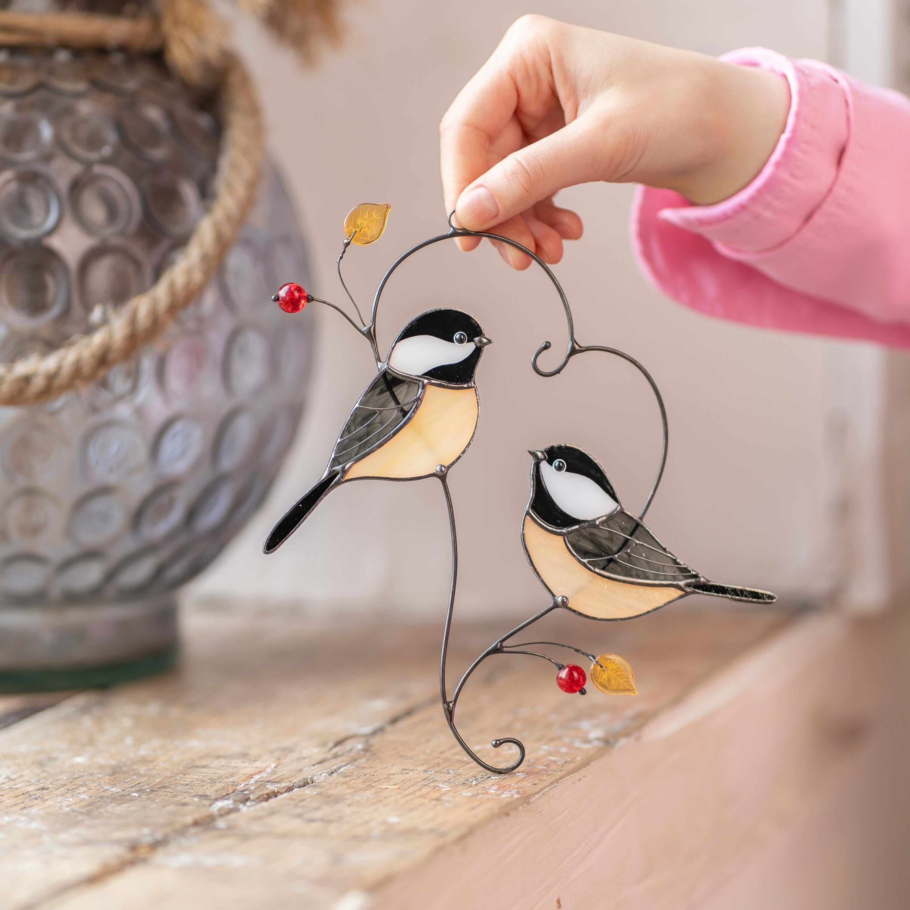 Couple of chickadees stained glass suncatcher Mothers Day gift ideas Bird wall art
