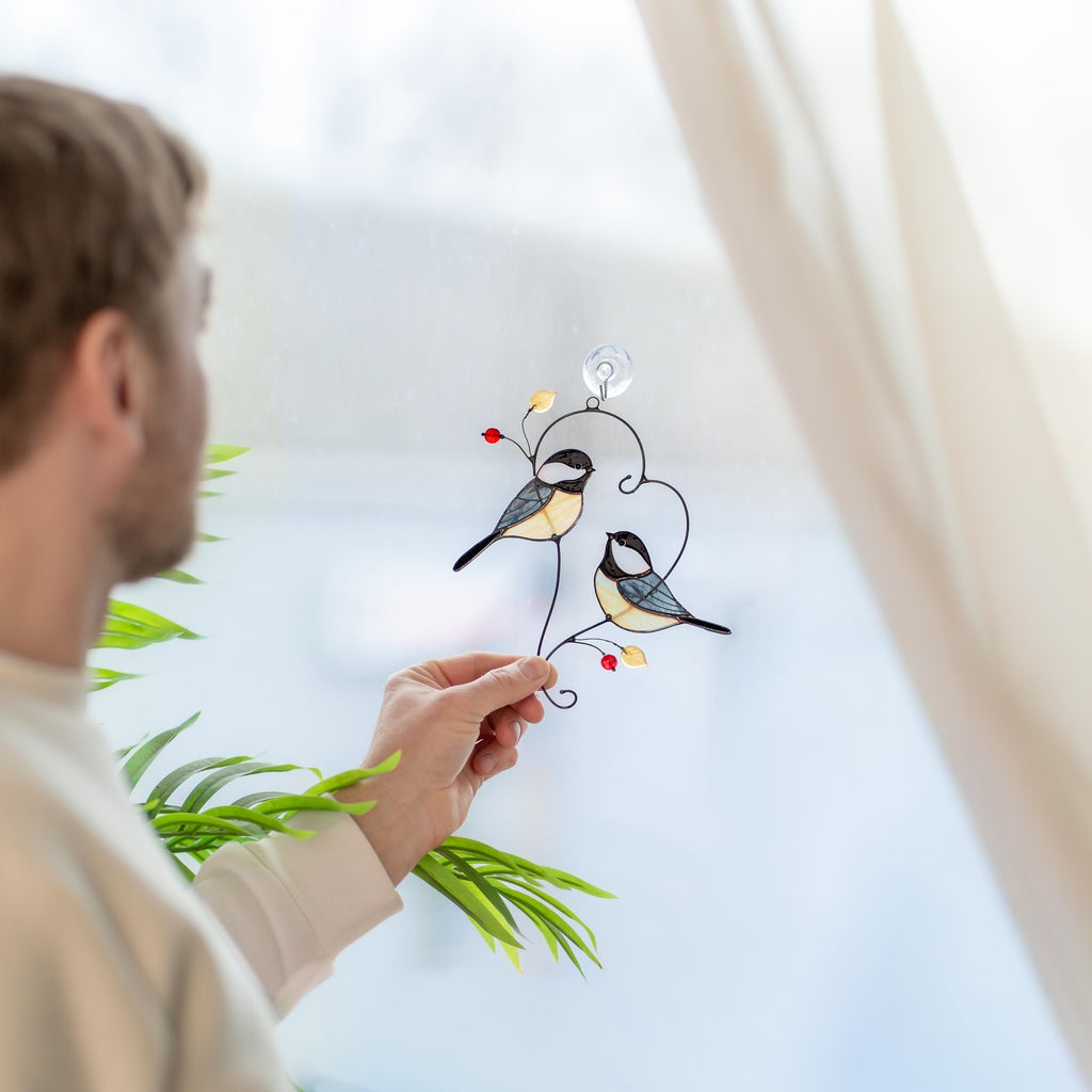 Couple of chickadees stained glass suncatcher Mothers Day gift ideas Bird wall art