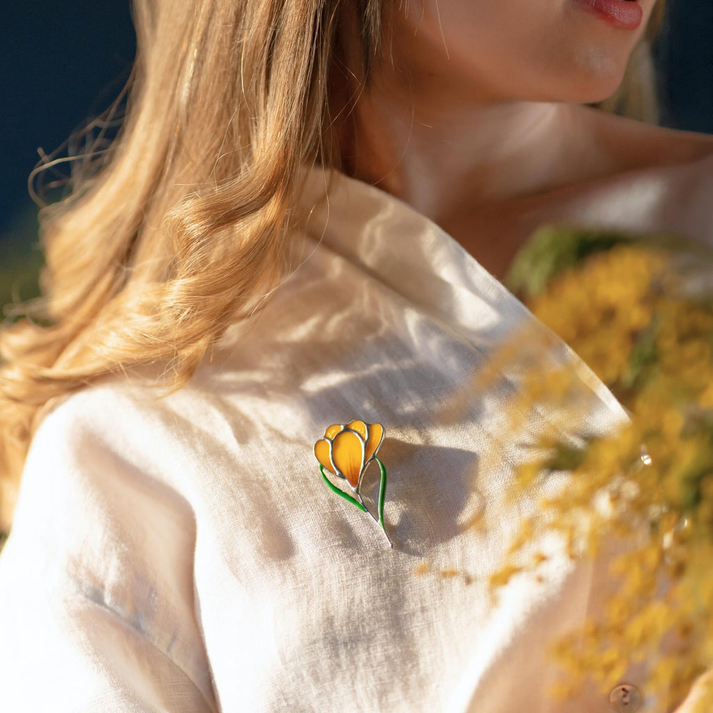Saffron stained glass jewelry Mother in law gift Floral brooch
