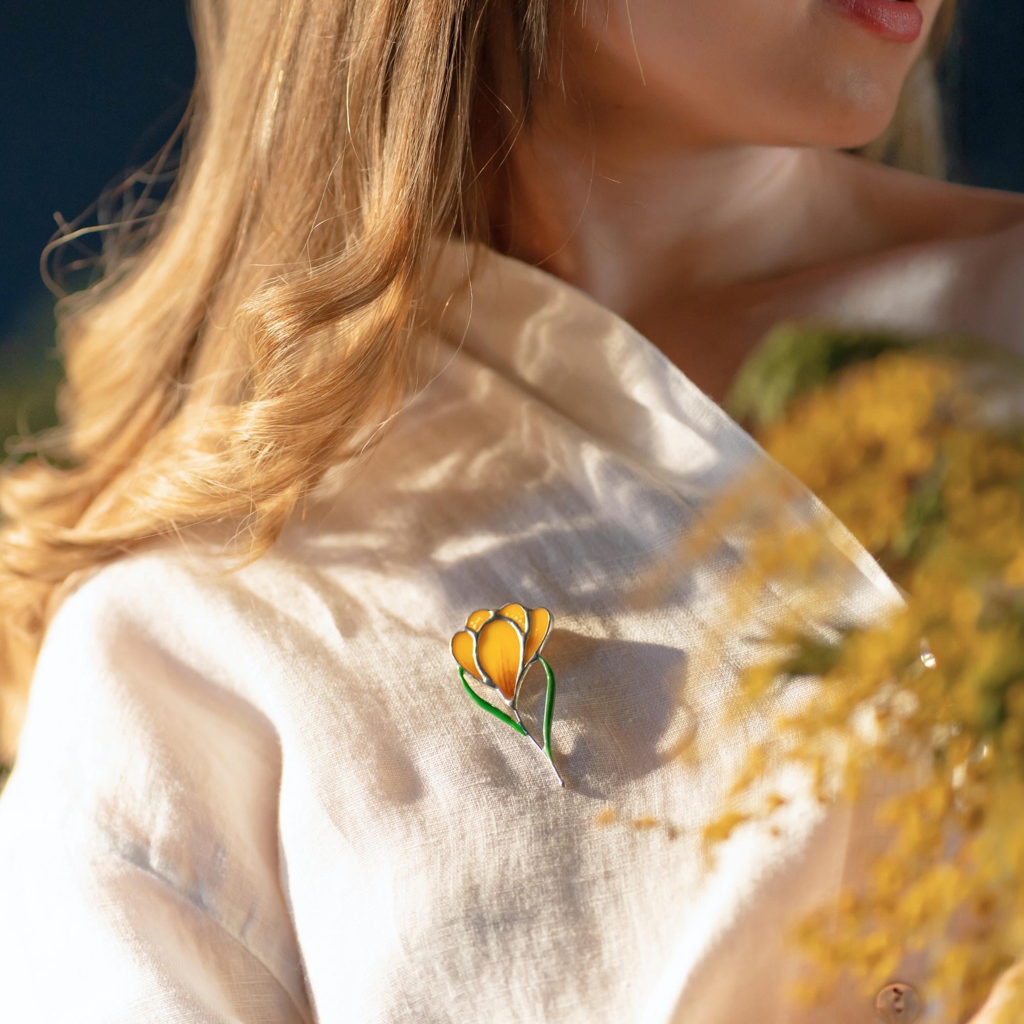 Saffron stained glass jewelry Mother in law gift Floral brooch