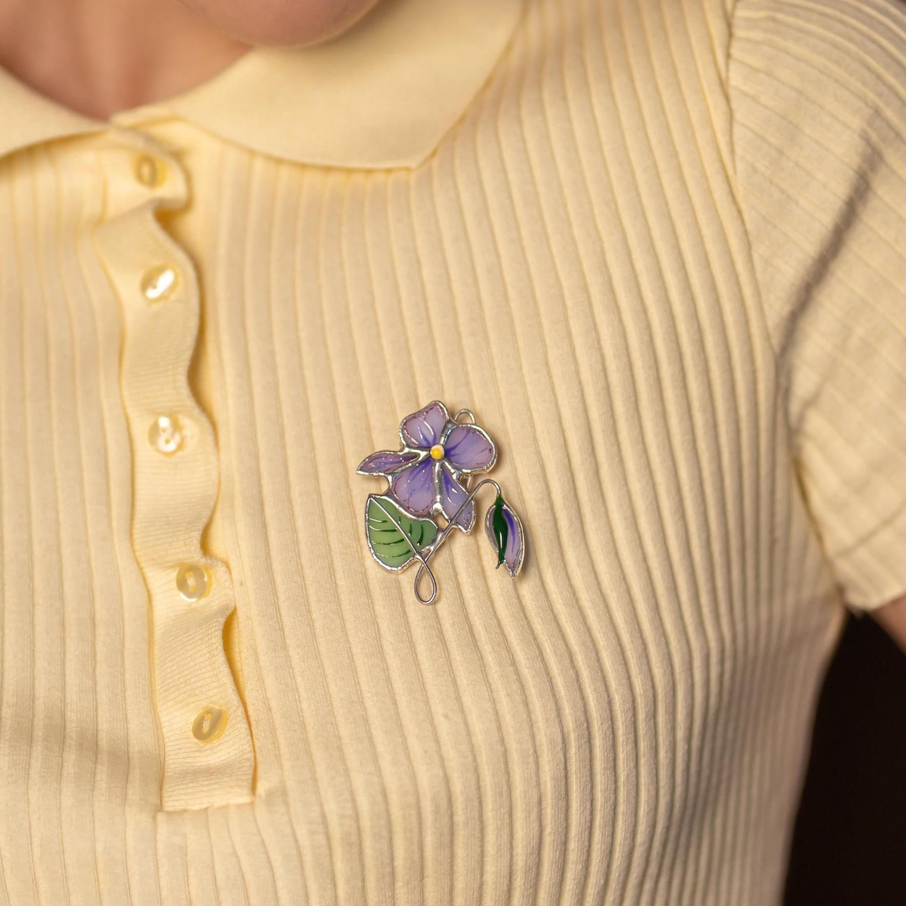 Violet stained glass floral brooch Special gifts for her Flower jewelry