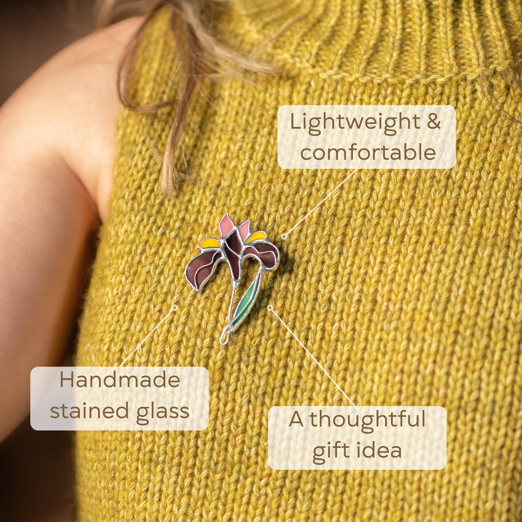 Stained glass iris jewelry Mothers Day gift ideas Floral brooch